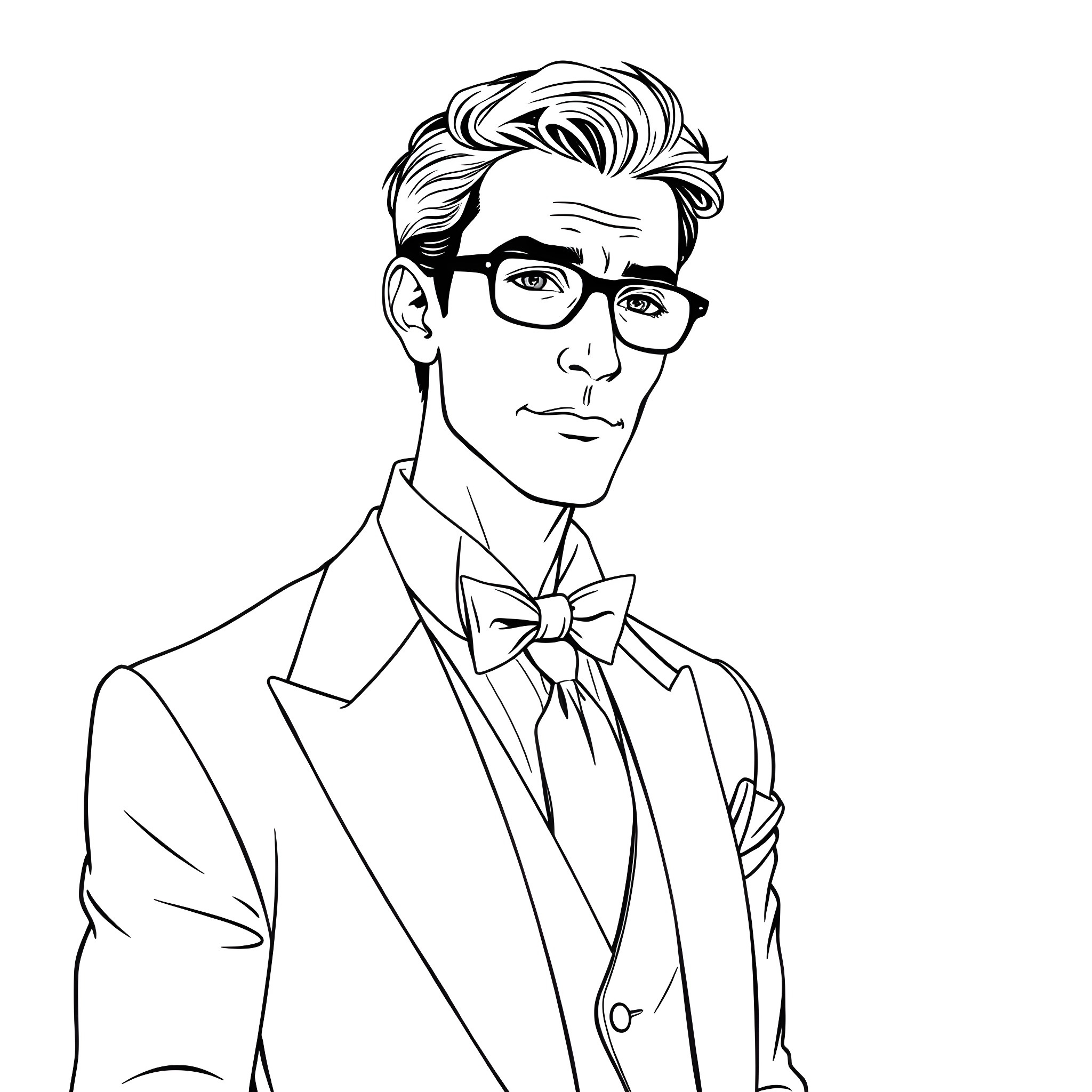 Sebastian dressed smartly in a suit and glasses Coloring Page (free black-and-white line drawing printable PDF for all, from beginners to advanced learners, including children, teens, adults, and seniors)