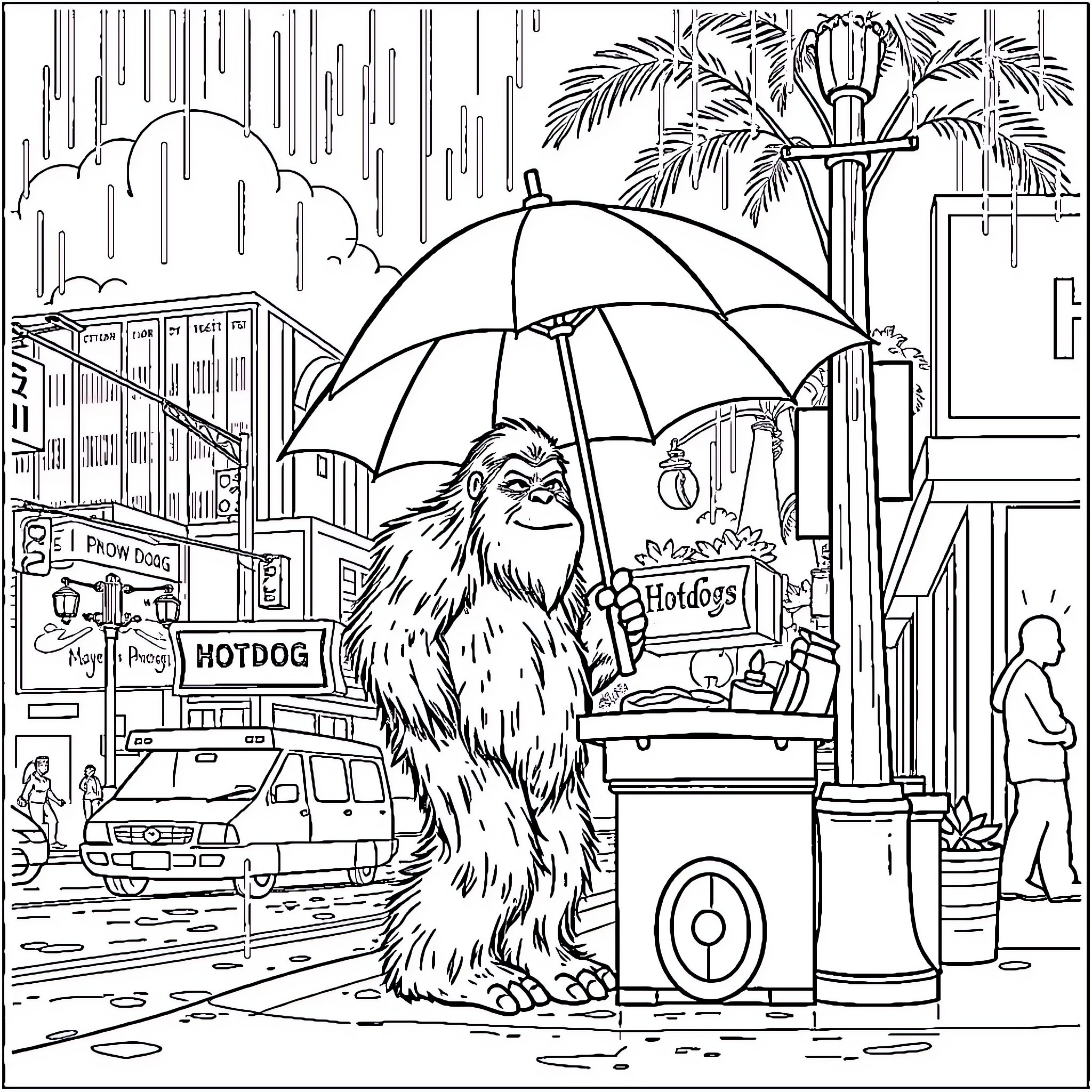Bigfoot taking shelter from the rain in the city Coloring Page (free black-and-white line drawing printable PDF for all, from beginners to advanced learners, including children, teens, adults, and seniors)