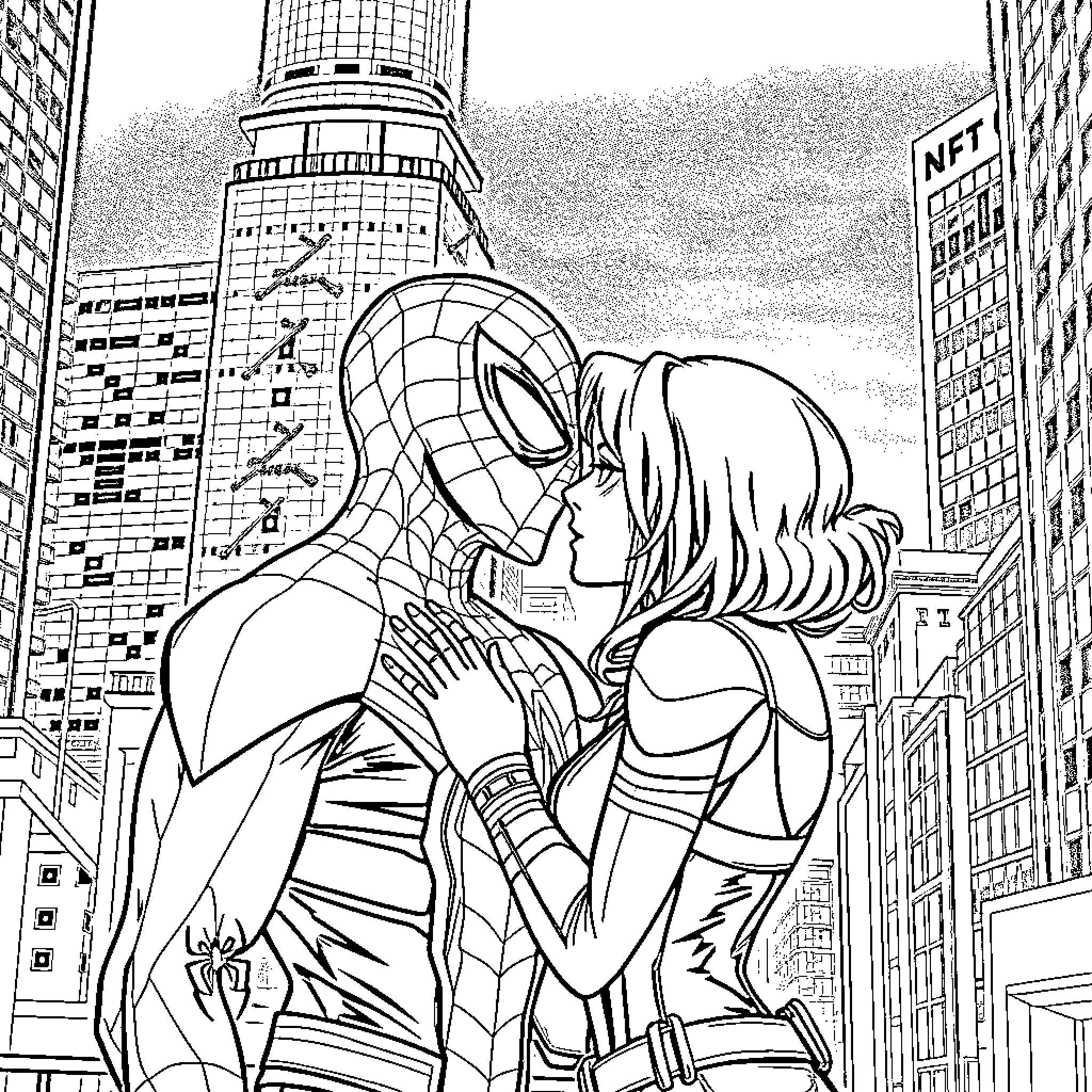 Spider-Man passionate kiss with mysterious woman in city Coloring Page (free black-and-white line drawing printable PDF for all, from beginners to advanced learners, including children, teens, adults, and seniors)