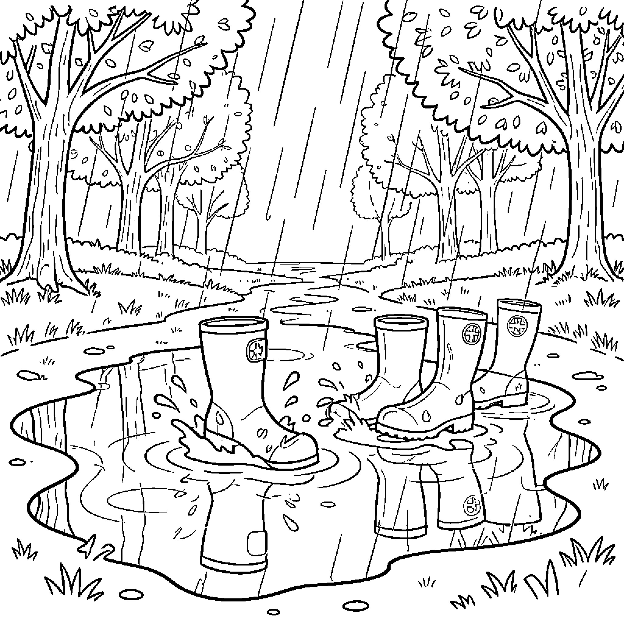 Rain Boots in a Rainy Forest Coloring Page (free black-and-white line drawing printable PDF for all, from beginners to advanced learners, including children, teens, adults, and seniors)