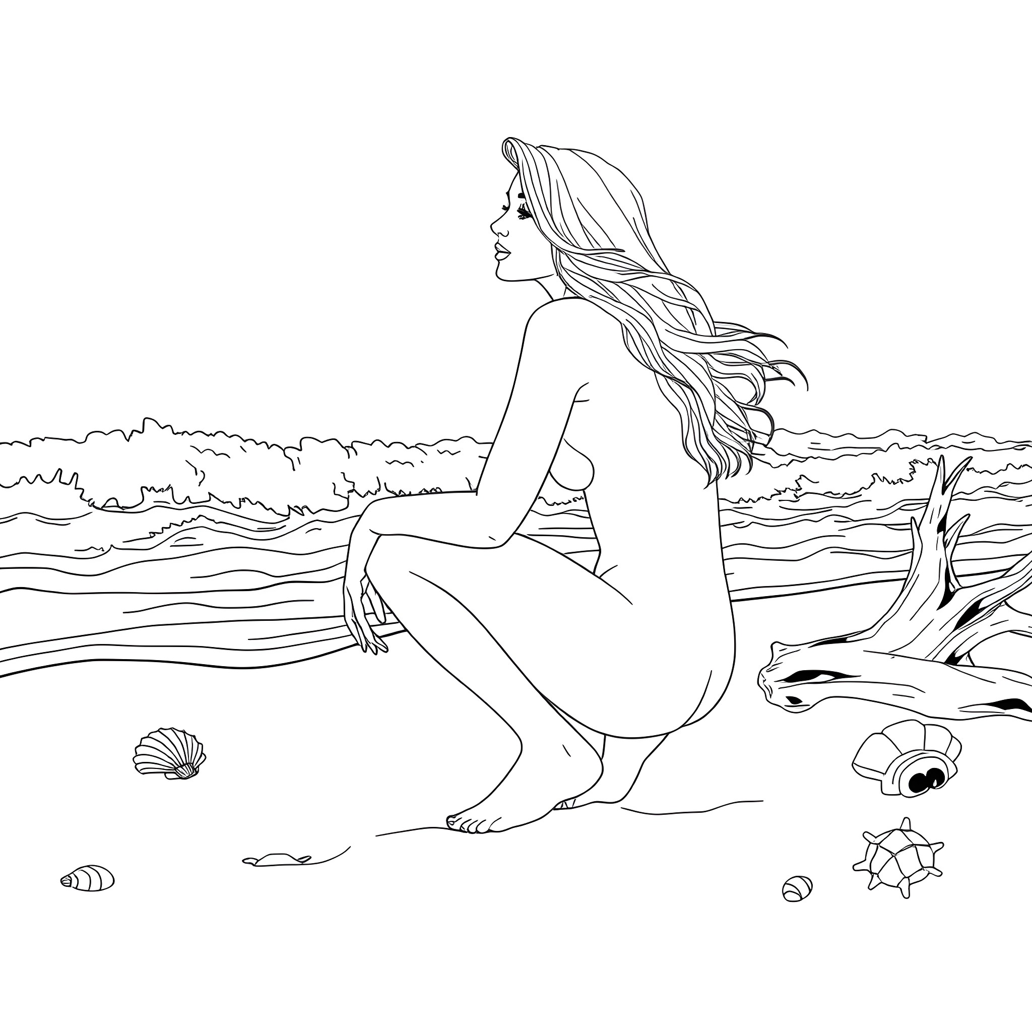 Lady resting by the serene ocean shore Coloring Page (free black-and-white line drawing printable PDF for all, from beginners to advanced learners, including children, teens, adults, and seniors)