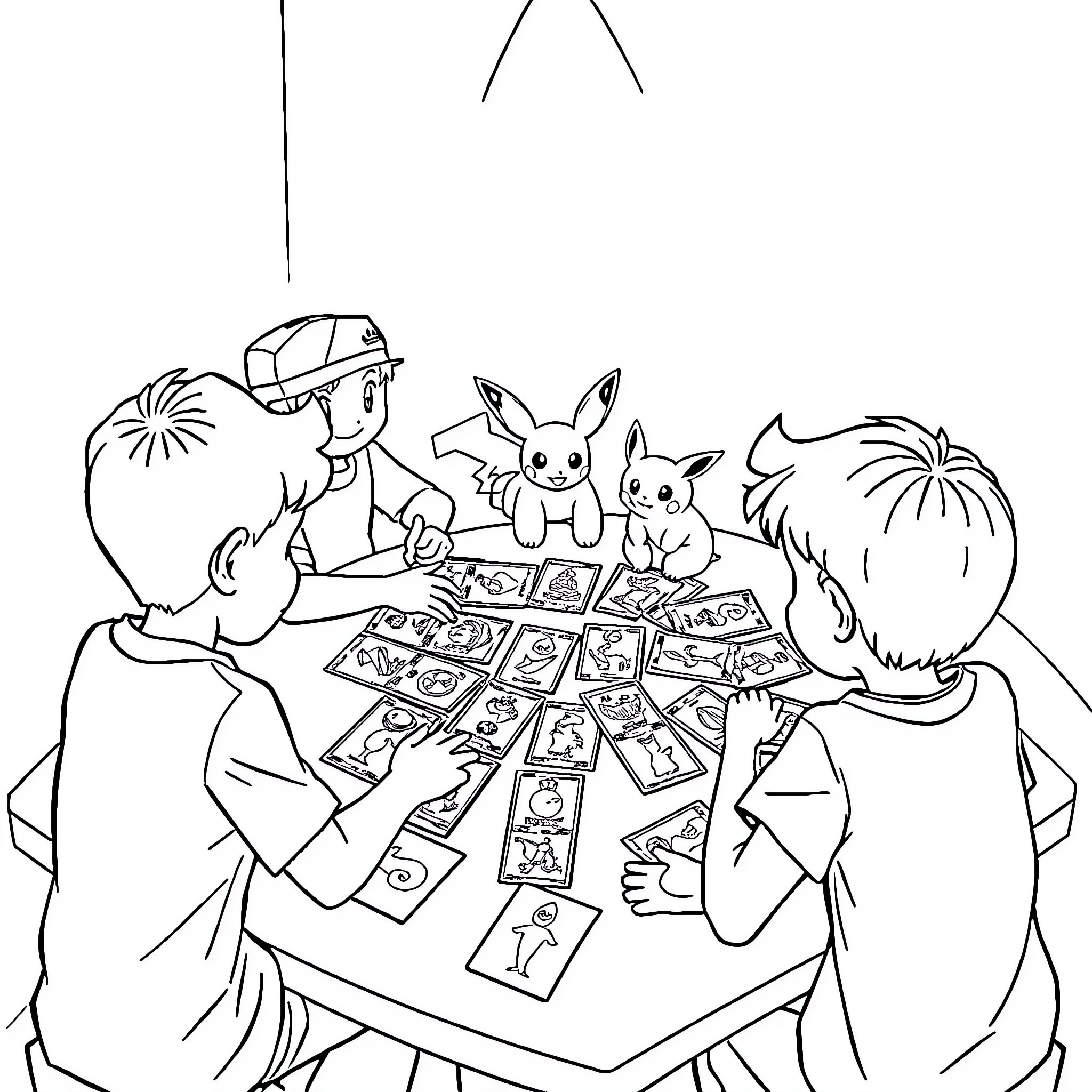 Pokémon Trainers Comparing Collectible Cards Coloring Page (free black-and-white line drawing printable PDF for all, from beginners to advanced learners, including children, teens, adults, and seniors)