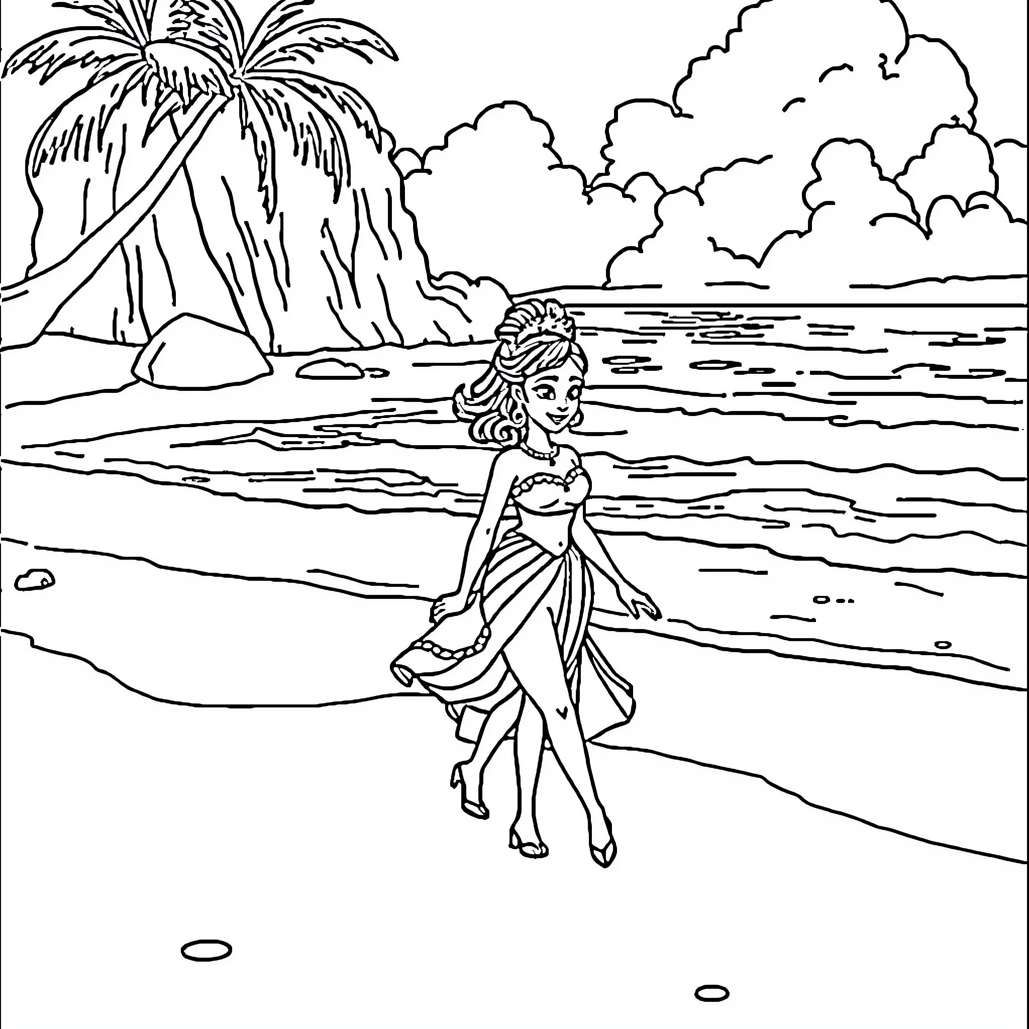 Princess Tiana walking along the beach Coloring Page (free black-and-white line drawing printable PDF for all, from beginners to advanced learners, including children, teens, adults, and seniors)