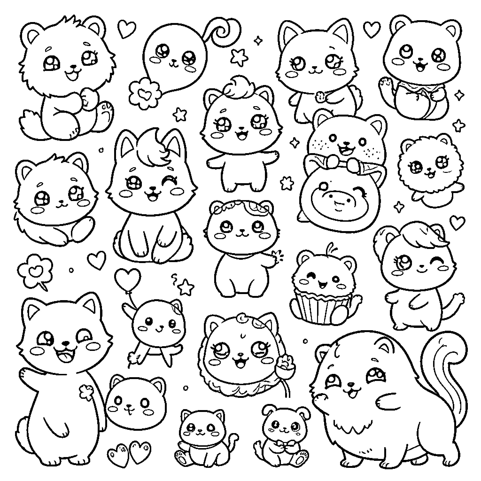 Doodle of various cute kittens with happy expressions Coloring Page (free black-and-white line drawing printable PDF for all, from beginners to advanced learners, including children, teens, adults, and seniors)