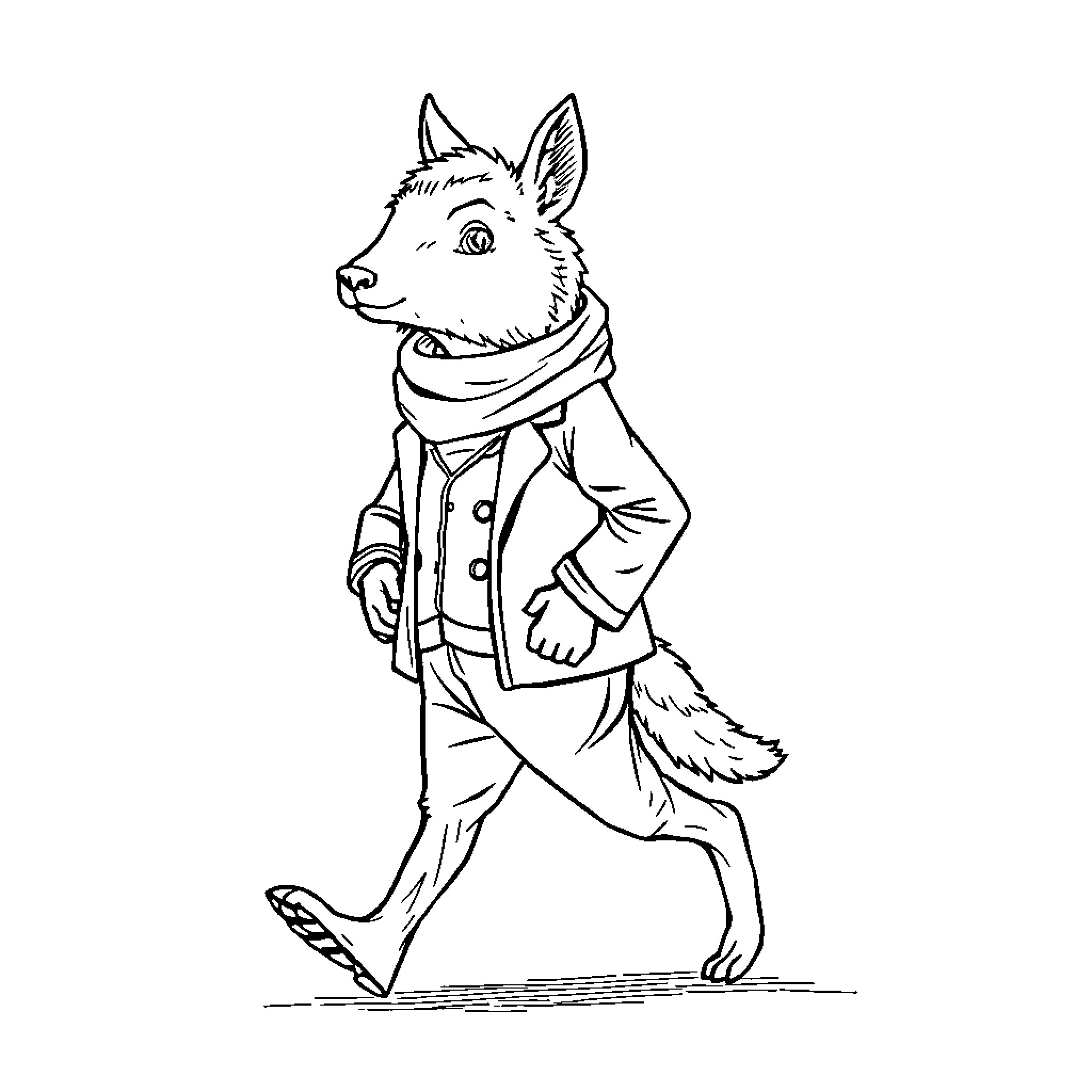 Animal in formal attire walking confidently Coloring Page (free black-and-white line drawing printable PDF for all, from beginners to advanced learners, including children, teens, adults, and seniors)