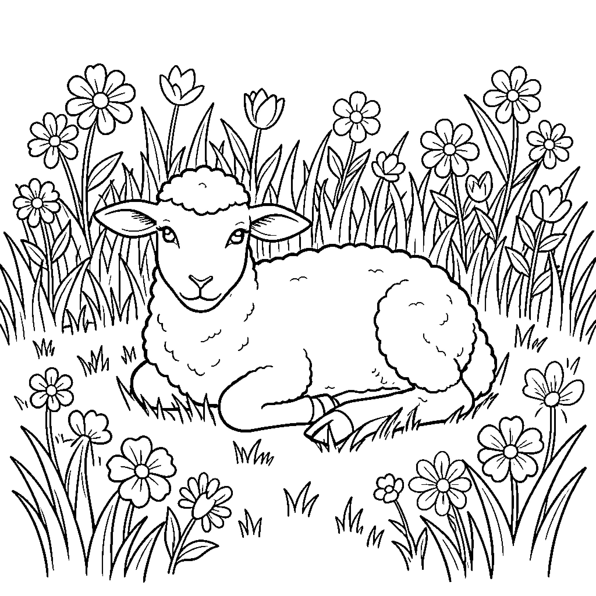 Lamb resting in a flower-filled meadow Coloring Page (free black-and-white line drawing printable PDF for all, from beginners to advanced learners, including children, teens, adults, and seniors)