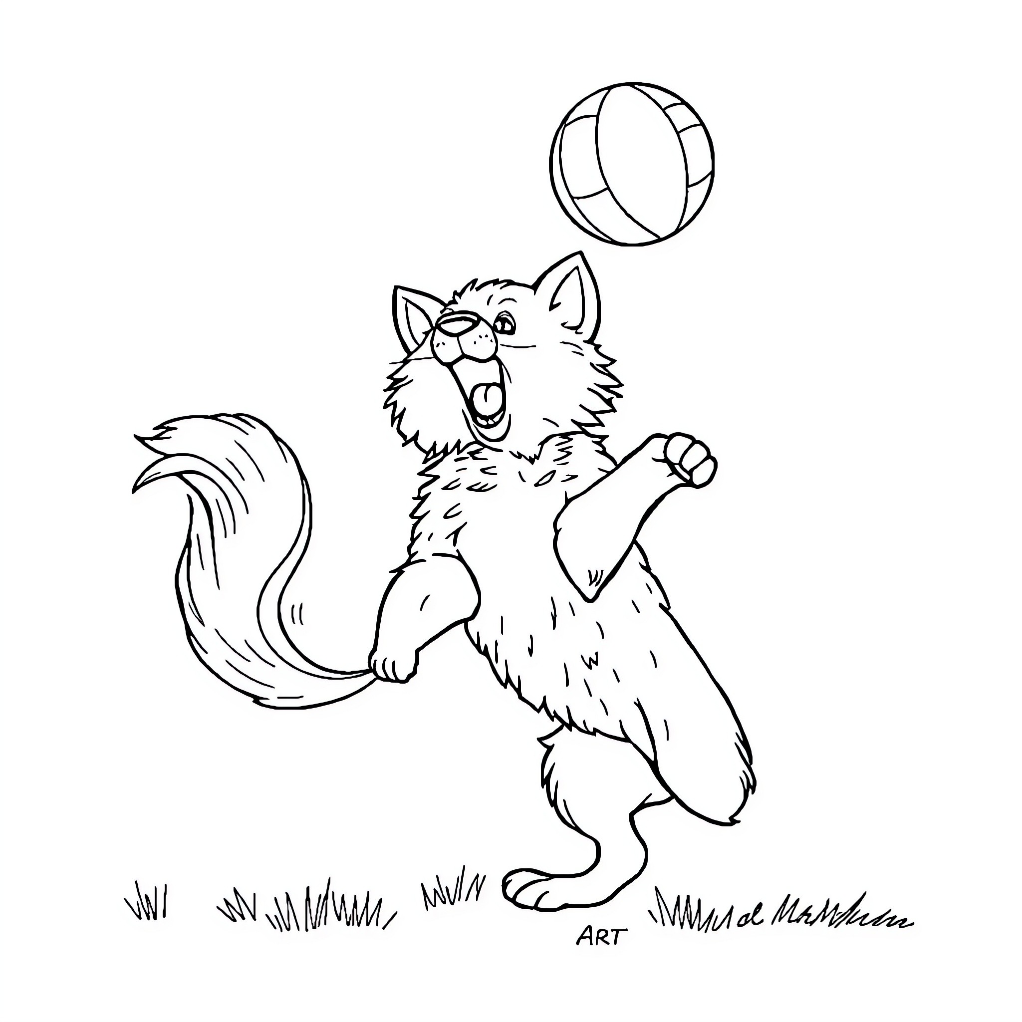 Dog playing happily with ball in the park Coloring Page (free black-and-white line drawing printable PDF for all, from beginners to advanced learners, including children, teens, adults, and seniors)