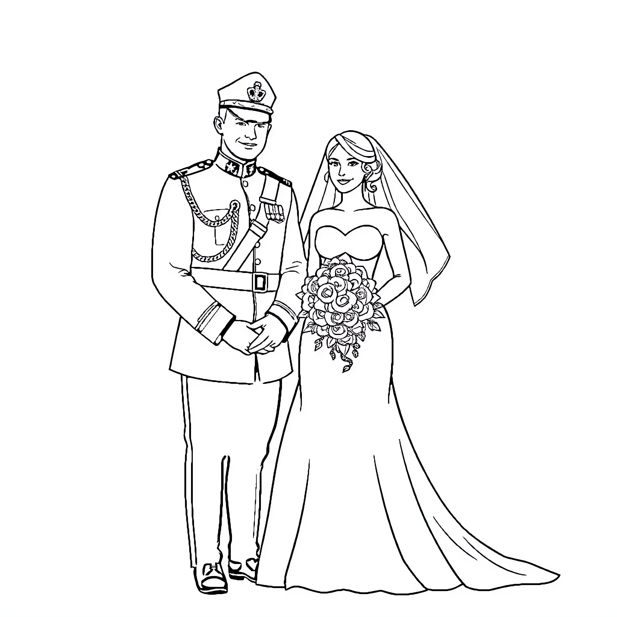Bride and Groom Celebrating Their Wedding Coloring Page (free black-and-white line drawing printable PDF for all, from beginners to advanced learners, including children, teens, adults, and seniors)