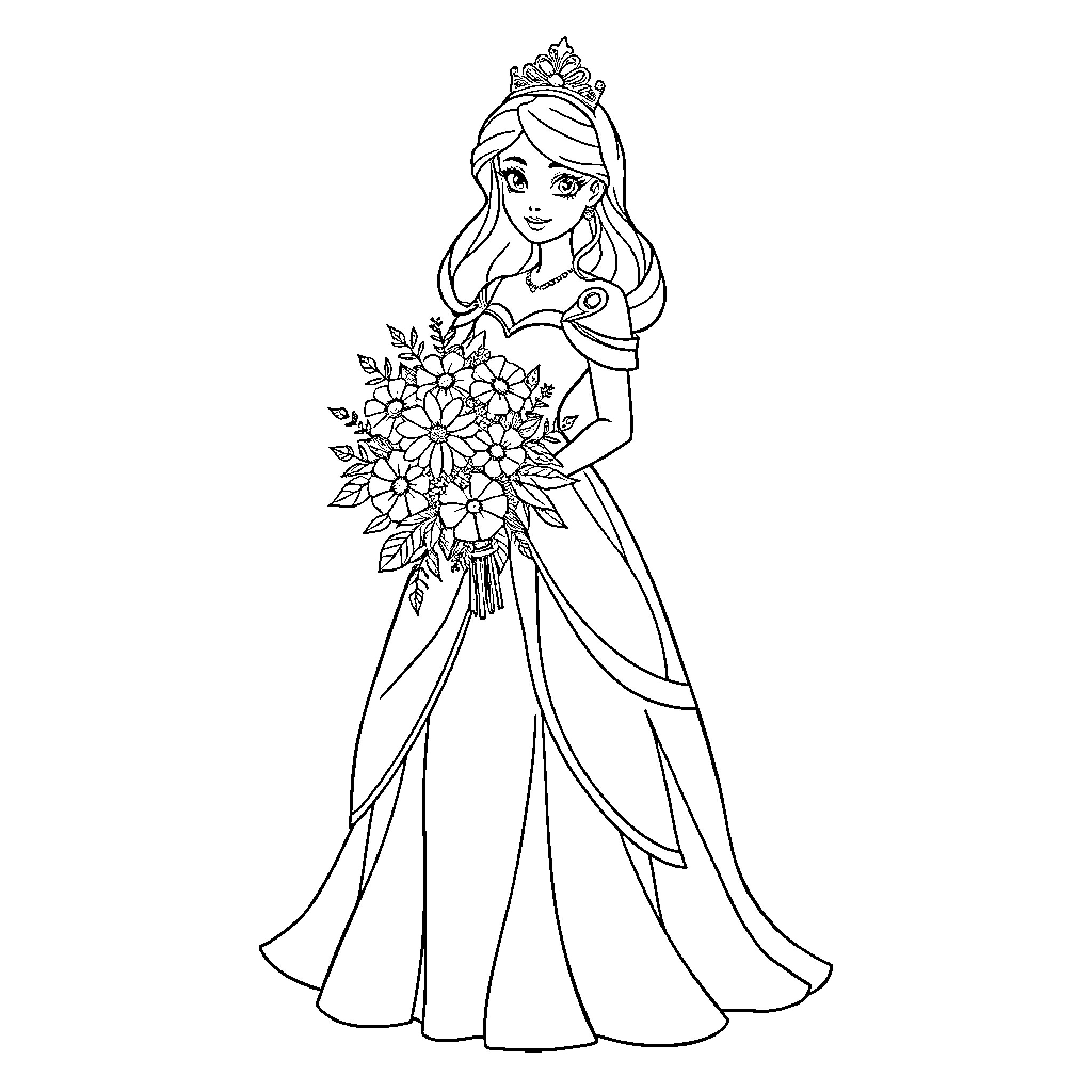 Princess in Beautiful Floral Dress and Tiara Coloring Page (free black-and-white line drawing printable PDF for all, from beginners to advanced learners, including children, teens, adults, and seniors)