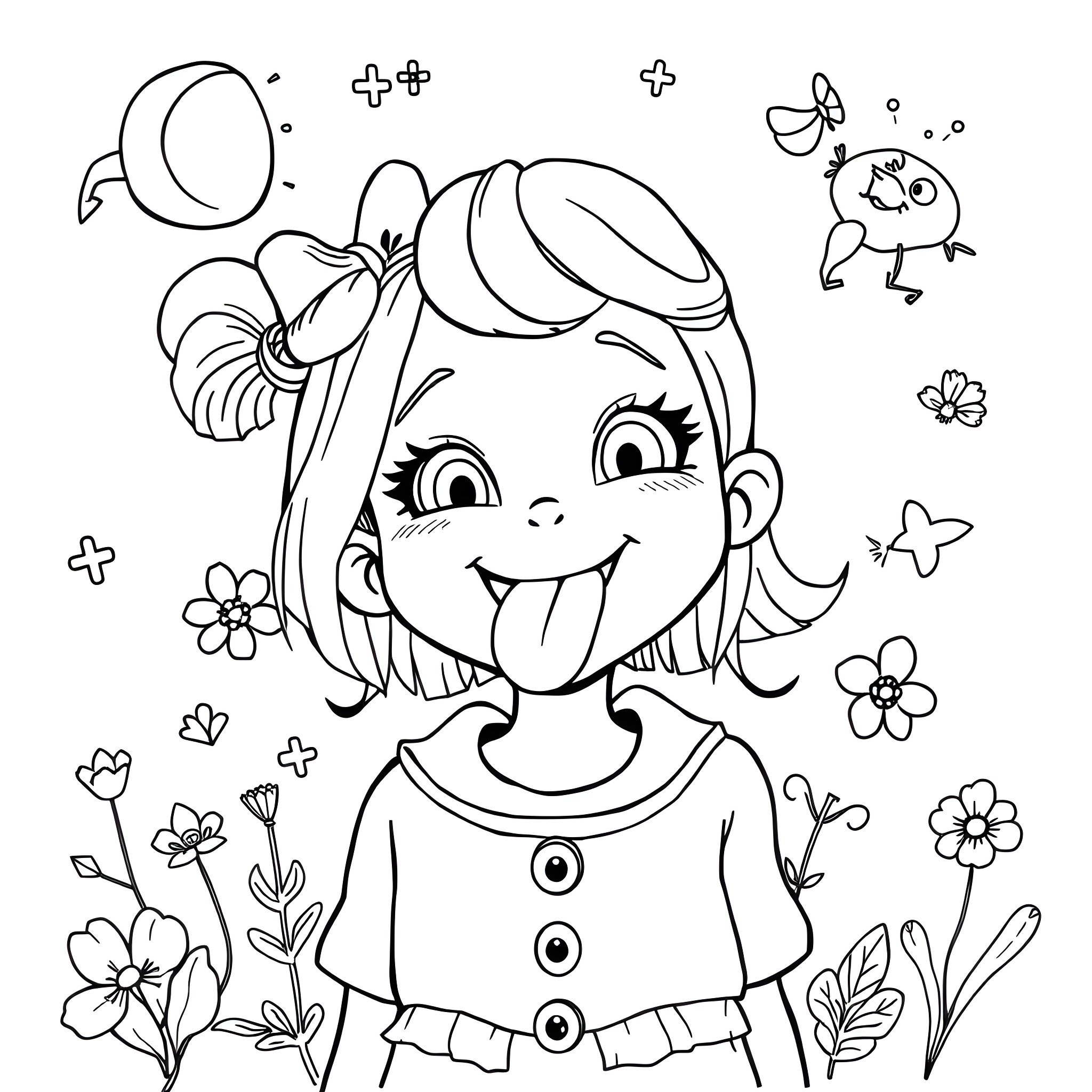 Girl cheerfully surrounded by flowers and butterflies Coloring Page (free black-and-white line drawing printable PDF for all, from beginners to advanced learners, including children, teens, adults, and seniors)