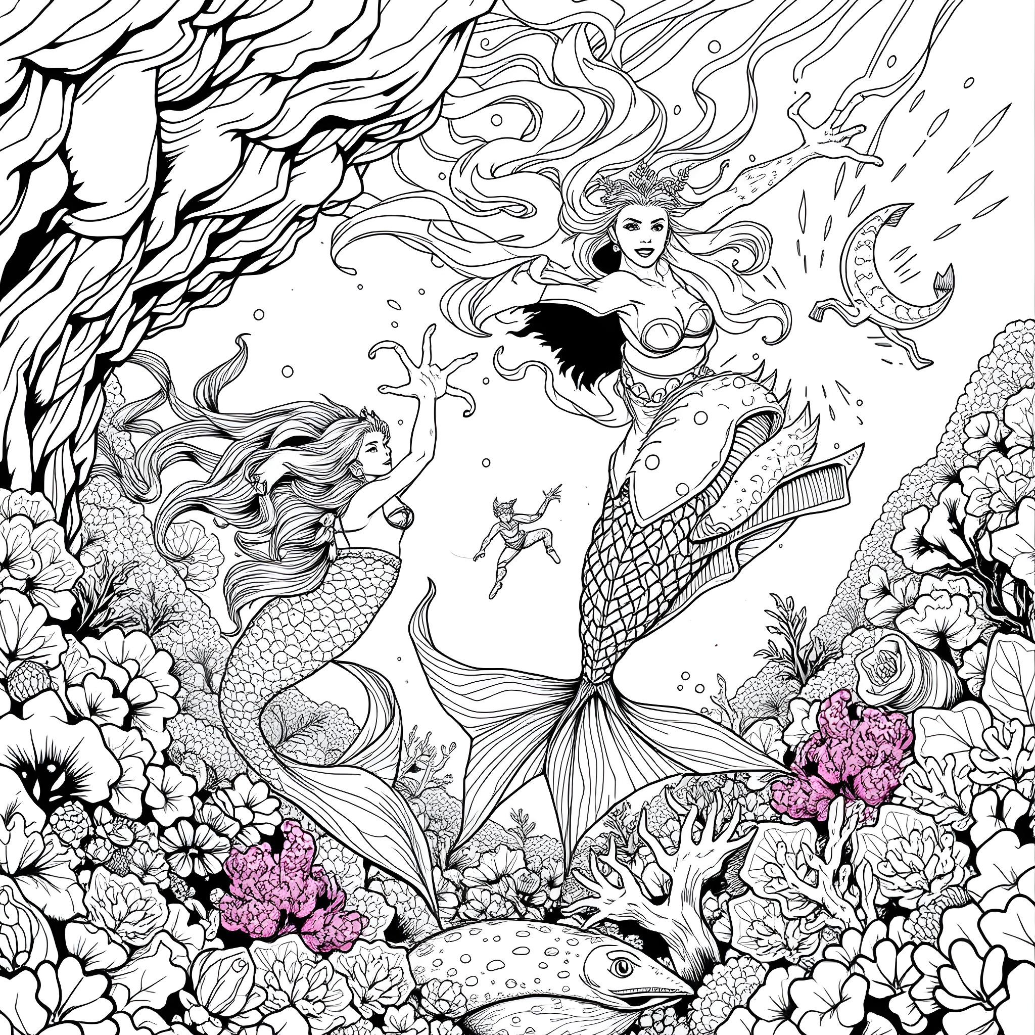 Mermaid Adventure in the Underwater Realm Coloring Page (free black-and-white line drawing printable PDF for all, from beginners to advanced learners, including children, teens, adults, and seniors)