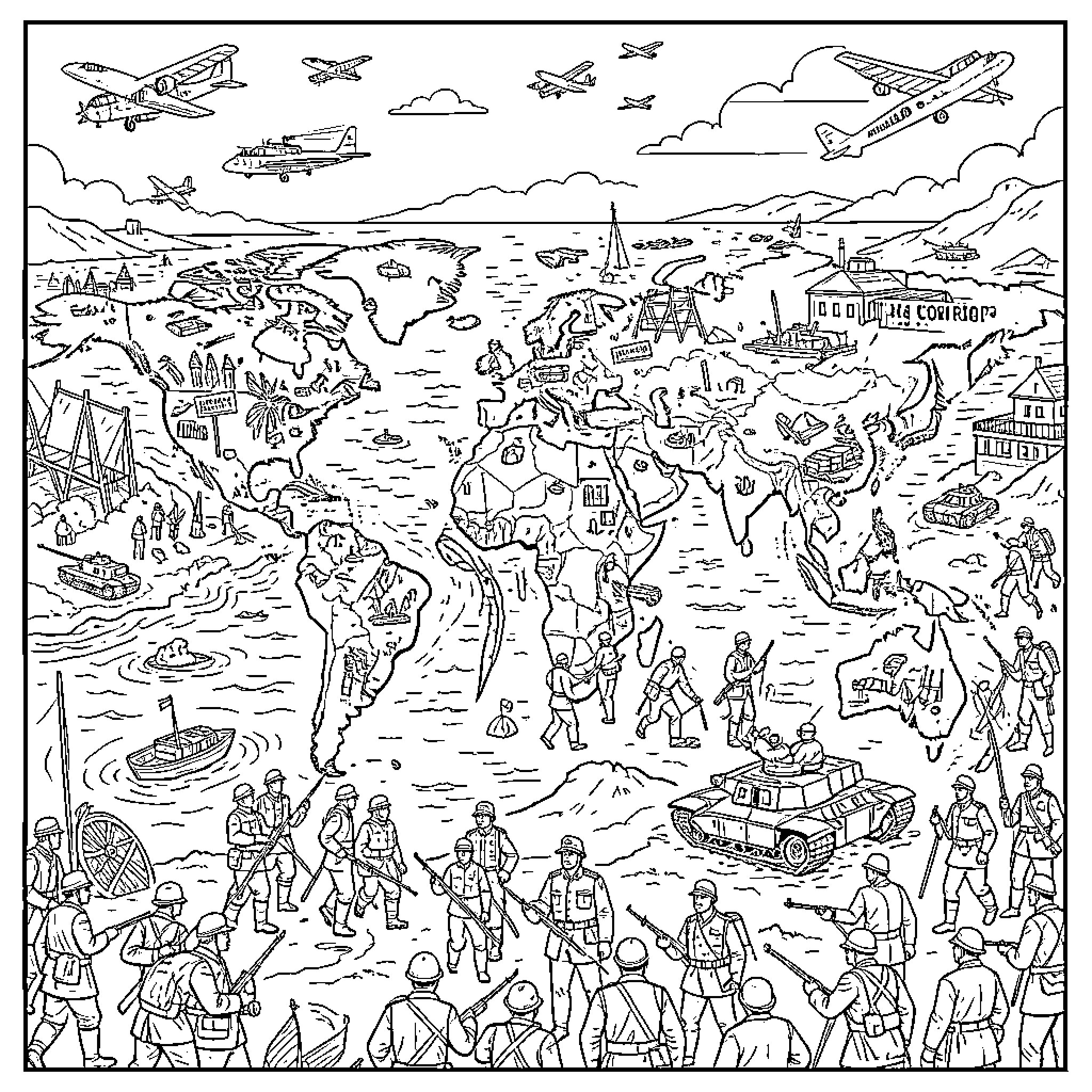 World War II Wartime Scenes: Airplanes, Soldiers, and Global Conflict Coloring Page (free black-and-white line drawing printable PDF for all, from beginners to advanced learners, including children, teens, adults, and seniors)