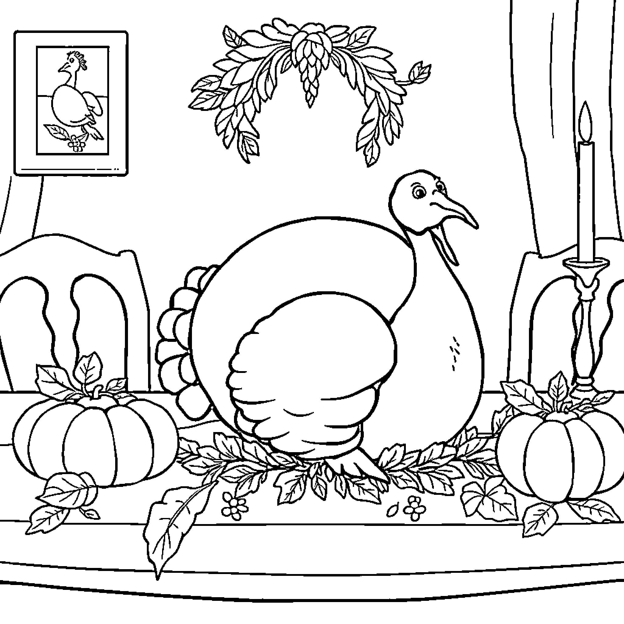 Turkey in decorative Thanksgiving scene Coloring Page (free black-and-white line drawing printable PDF for all, from beginners to advanced learners, including children, teens, adults, and seniors)