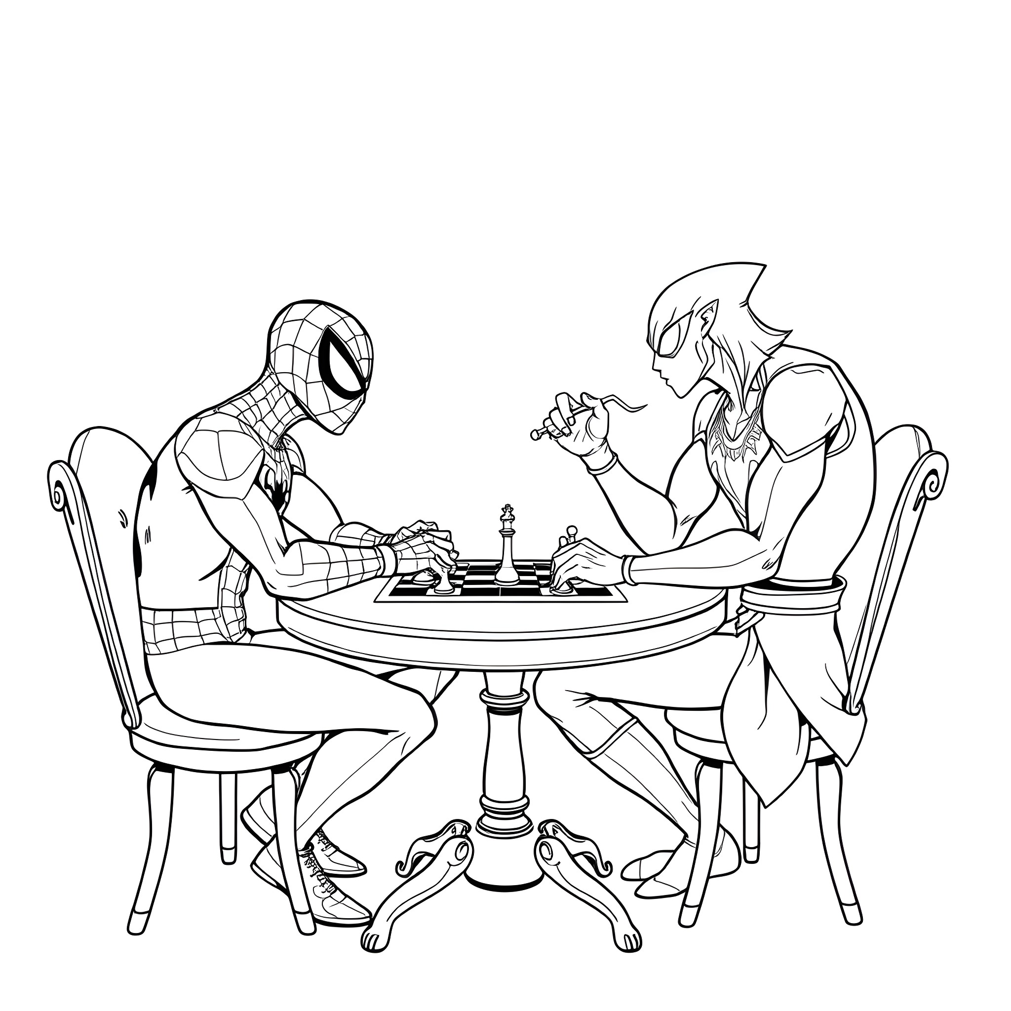 Spider-Man Playing Chess with Villain Coloring Page (free black-and-white line drawing printable PDF for all, from beginners to advanced learners, including children, teens, adults, and seniors)