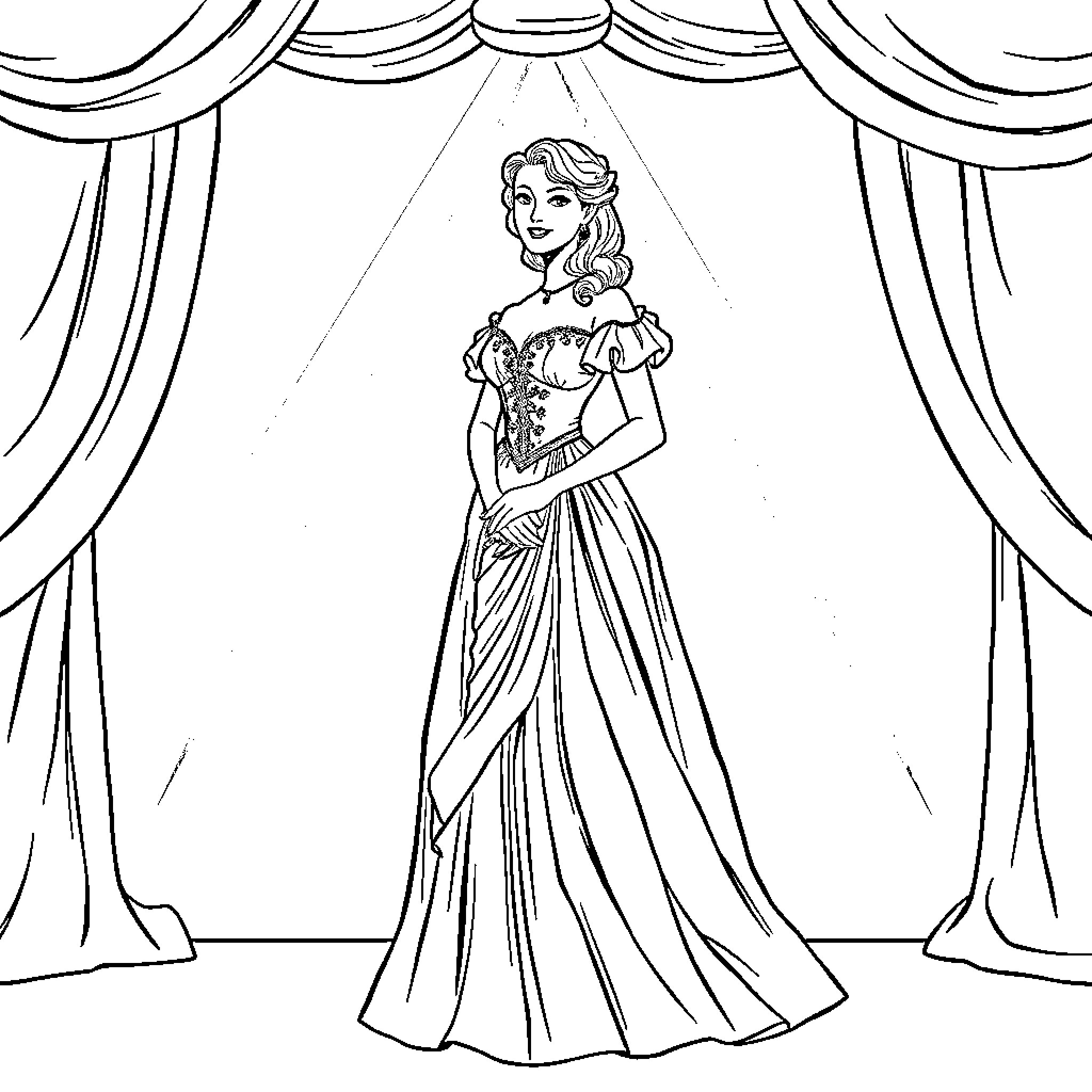 Eliza Hamilton in Elegant Evening Gown on Stage Coloring Page (free black-and-white line drawing printable PDF for all, from beginners to advanced learners, including children, teens, adults, and seniors)