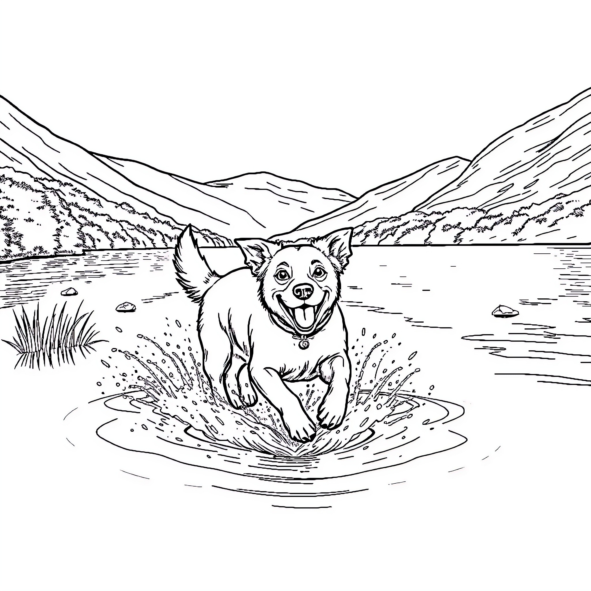 Dog enjoying a refreshing dip in the lake Coloring Page (free black-and-white line drawing printable PDF for all, from beginners to advanced learners, including children, teens, adults, and seniors)