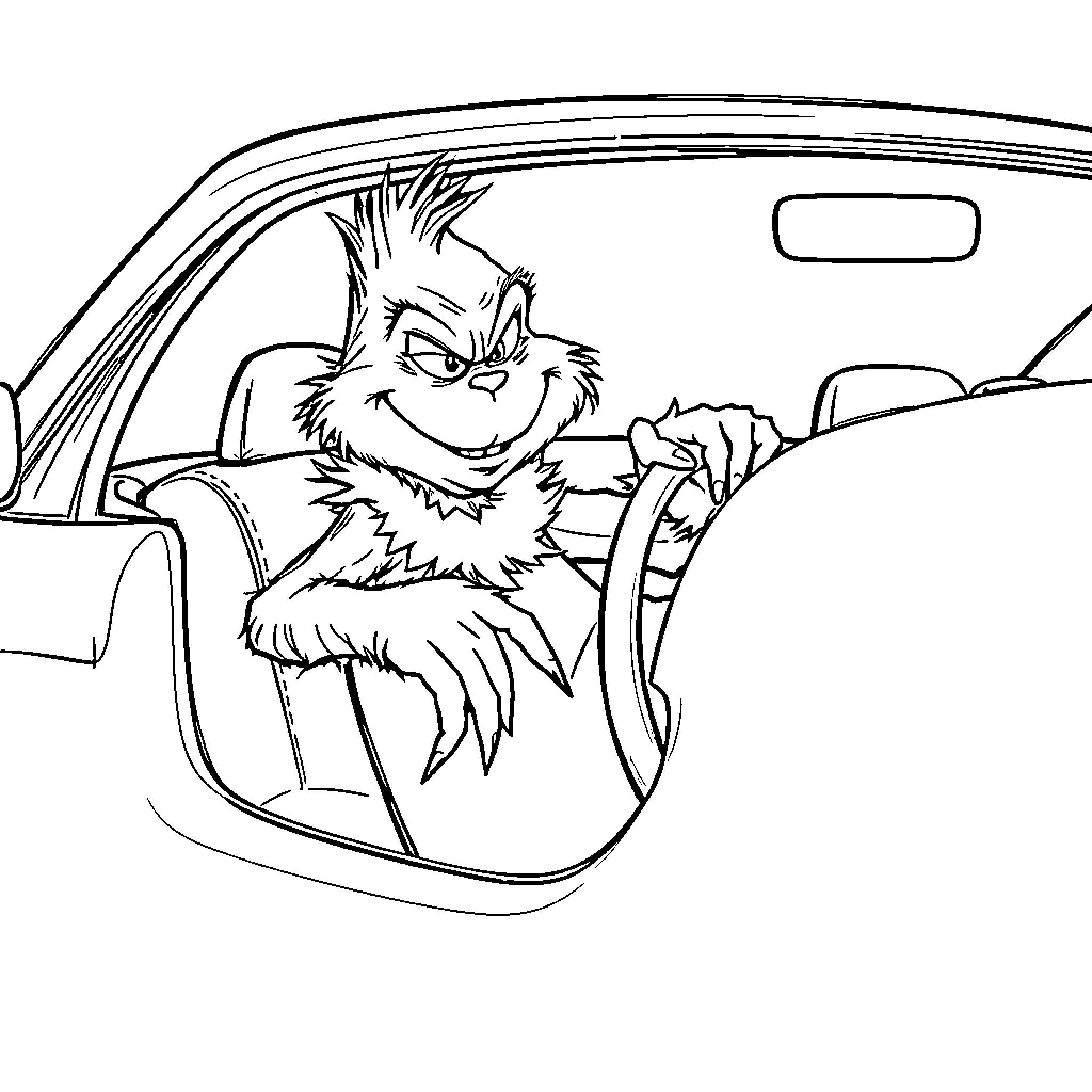 Grinch driving a car with a mischievous expression Coloring Page (free black-and-white line drawing printable PDF for all, from beginners to advanced learners, including children, teens, adults, and seniors)