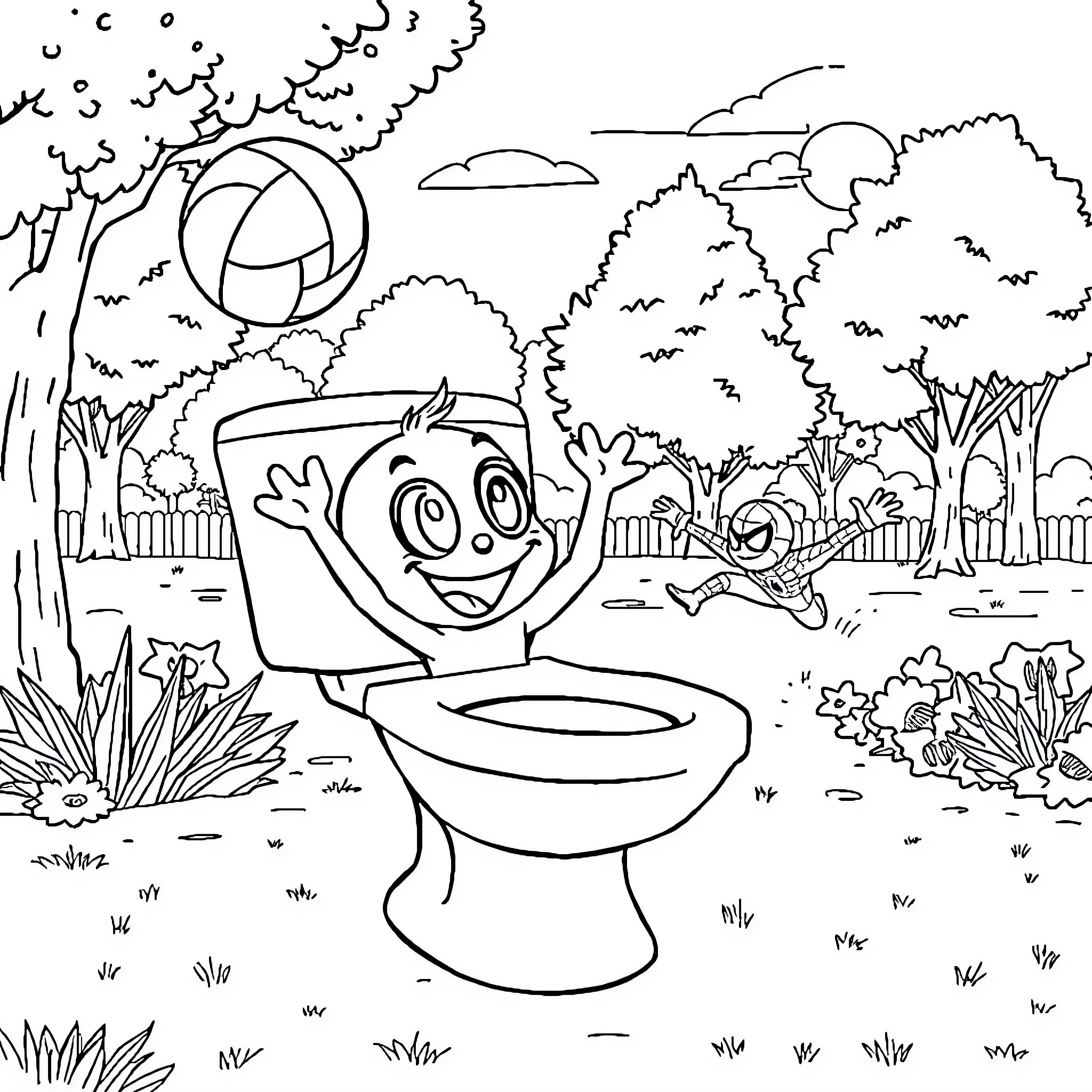 Skibidi Toilet - Cheerful Character in Nature Coloring Page (free black-and-white line drawing printable PDF for all, from beginners to advanced learners, including children, teens, adults, and seniors)
