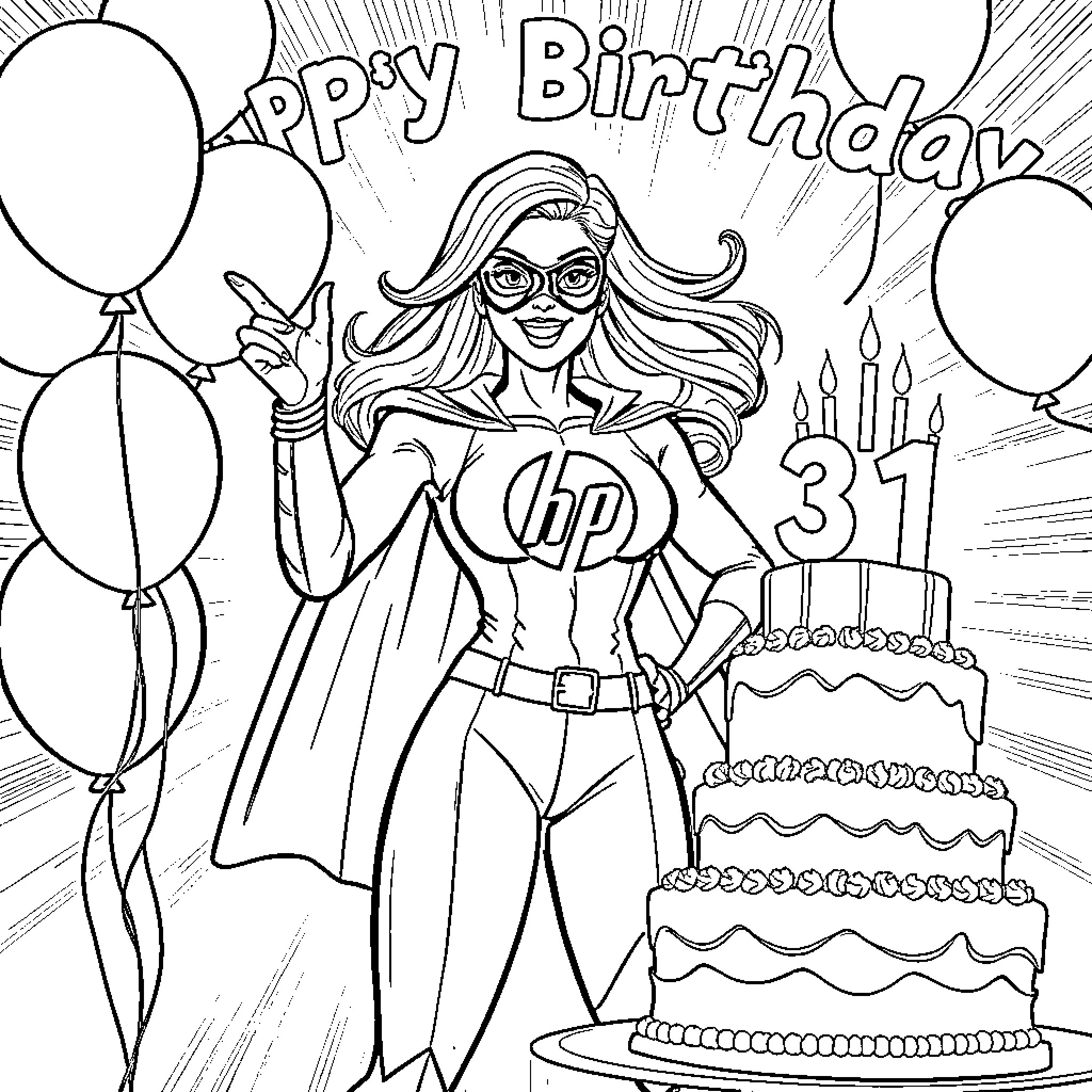 Superhero Celebrating Birthday with Cake and Balloons Coloring Page (free black-and-white line drawing printable PDF for all, from beginners to advanced learners, including children, teens, adults, and seniors)