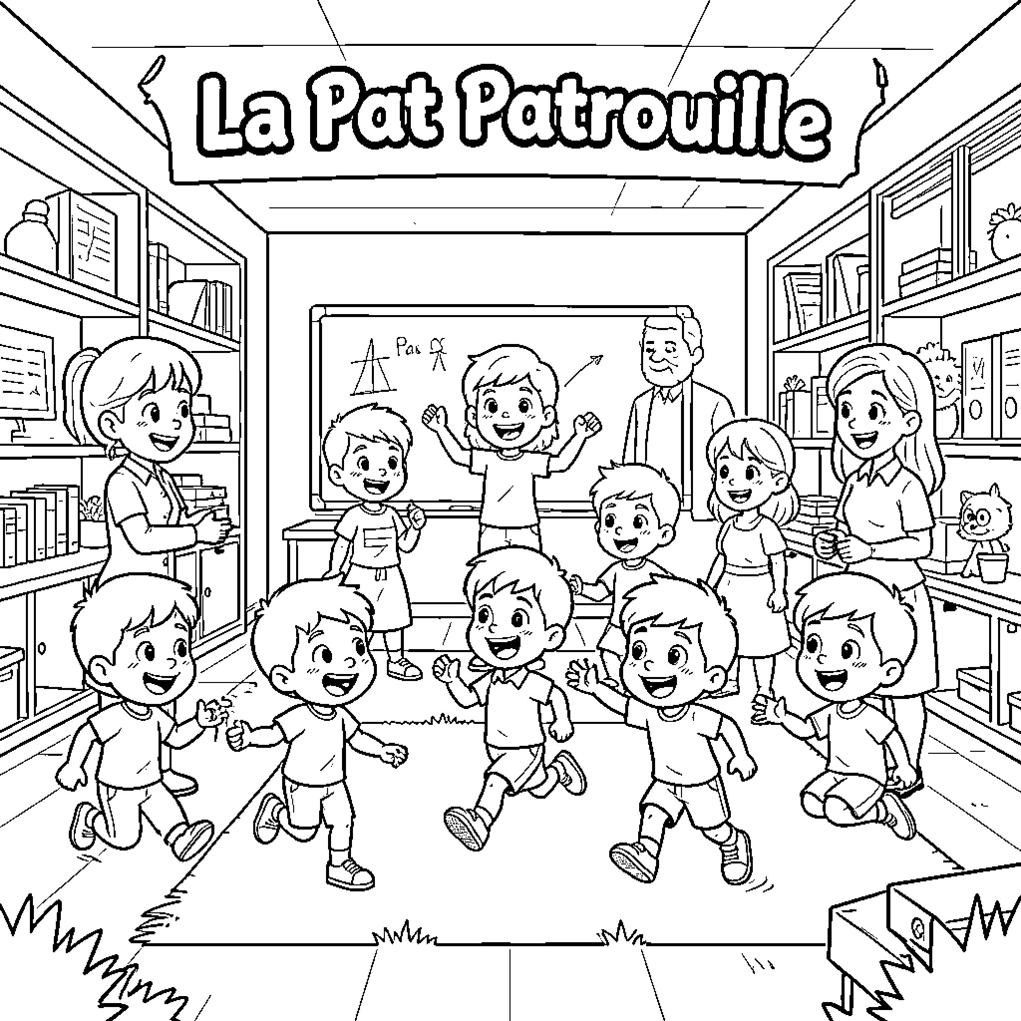 Paw Patrol characters playing joyfully in a classroom Coloring Page (free black-and-white line drawing printable PDF for all, from beginners to advanced learners, including children, teens, adults, and seniors)