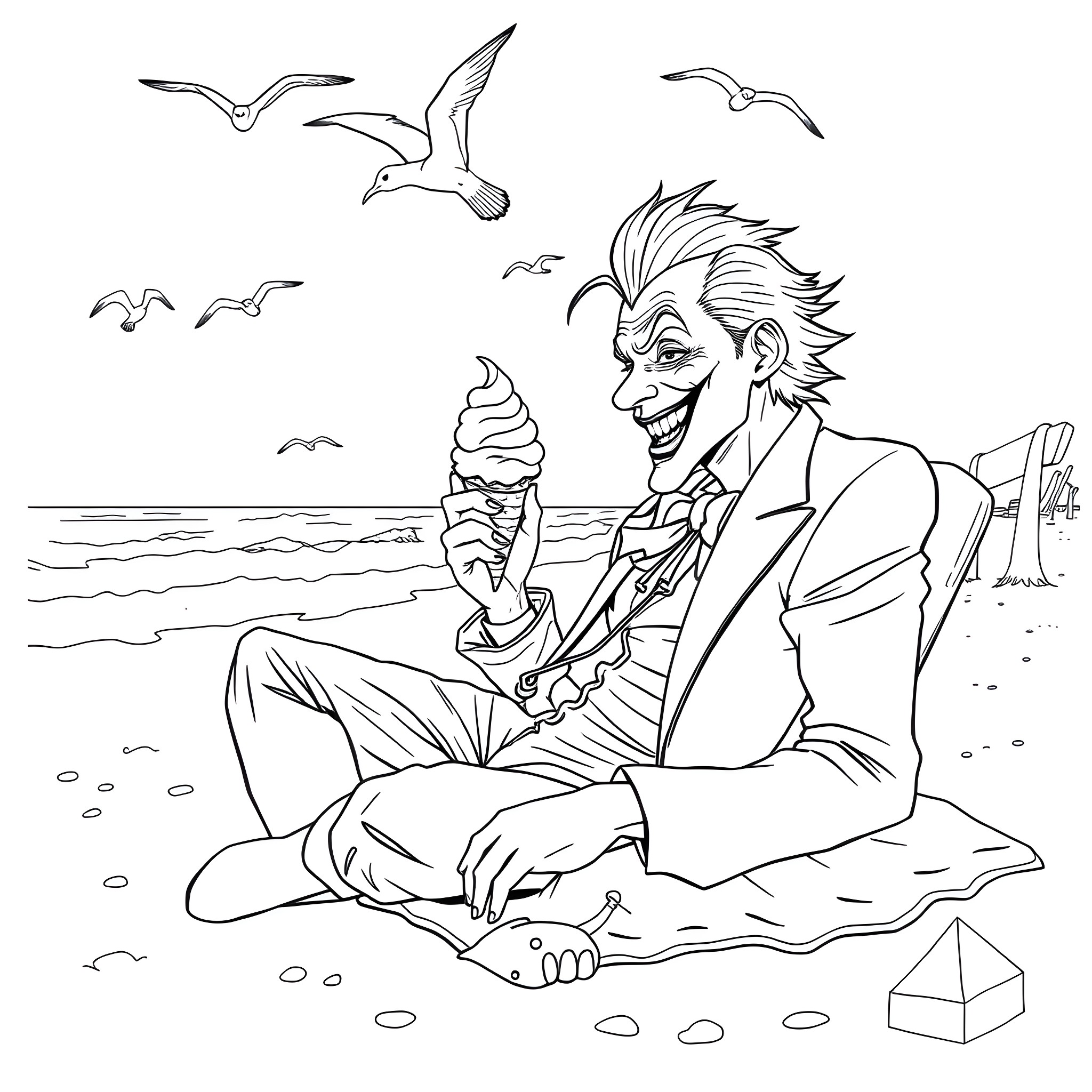 Joker relaxing on the beach with an ice cream Coloring Page (free black-and-white line drawing printable PDF for all, from beginners to advanced learners, including children, teens, adults, and seniors)