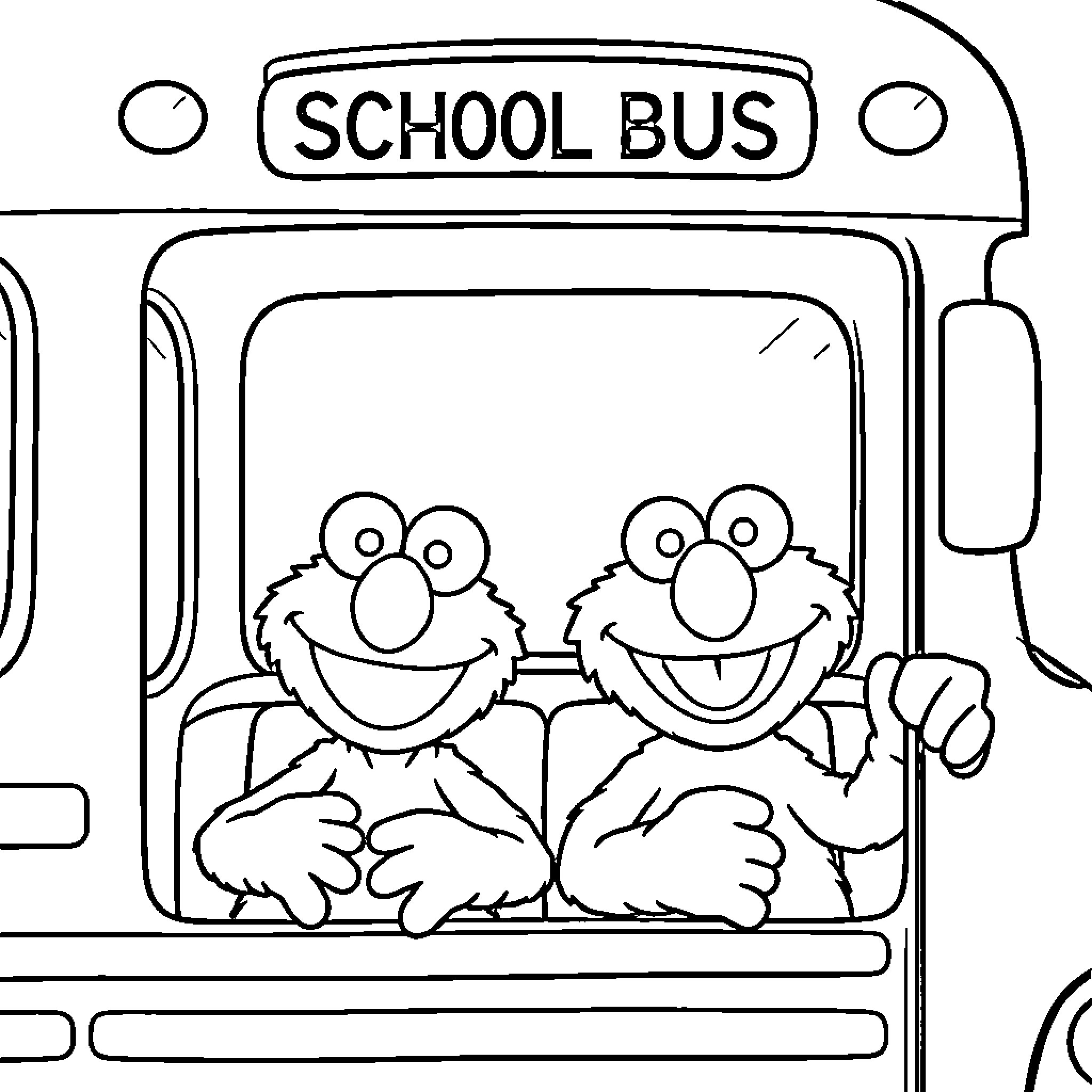 Bus Ride with Smiling Cartoon Characters Coloring Page (free black-and-white line drawing printable PDF for all, from beginners to advanced learners, including children, teens, adults, and seniors)