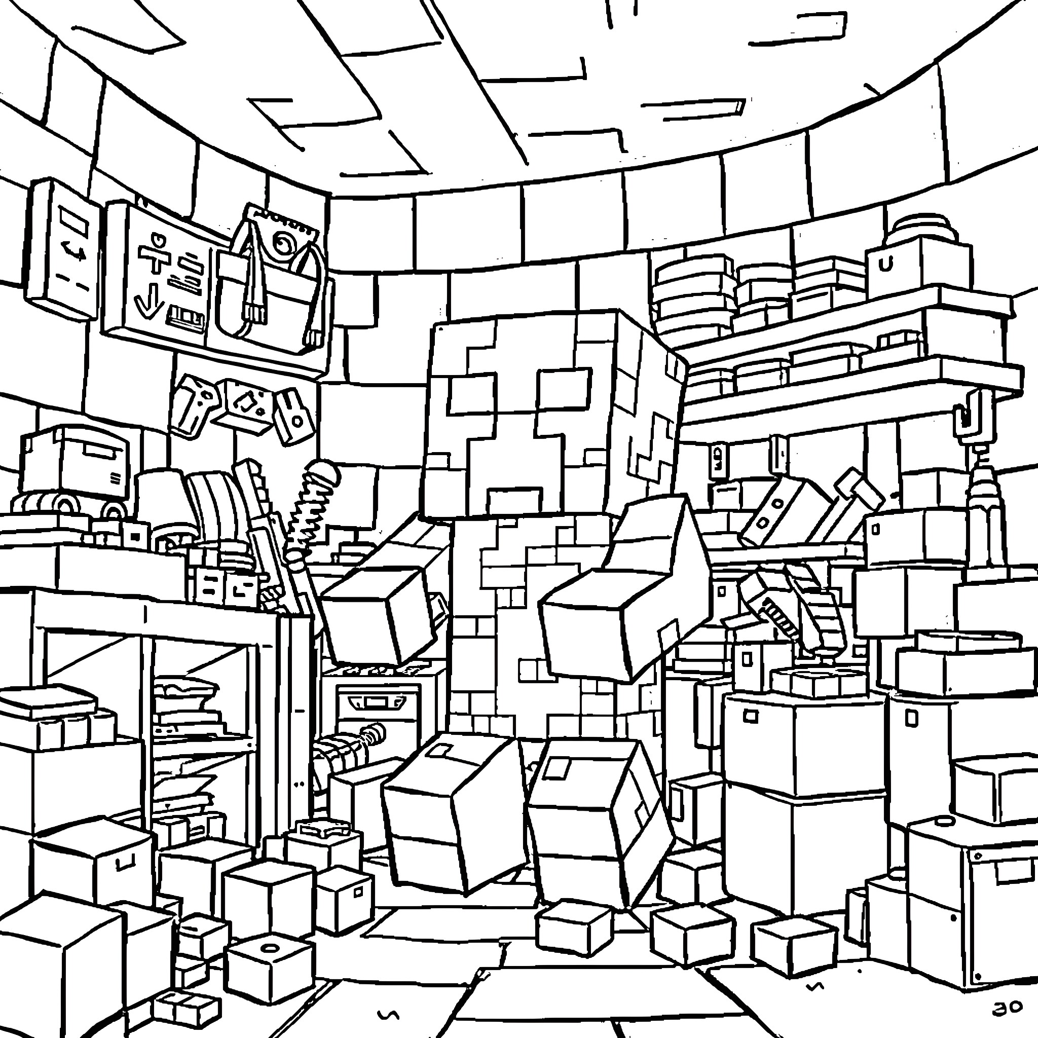 Creeper lurking in cluttered storage room Coloring Page (free black-and-white line drawing printable PDF for all, from beginners to advanced learners, including children, teens, adults, and seniors)