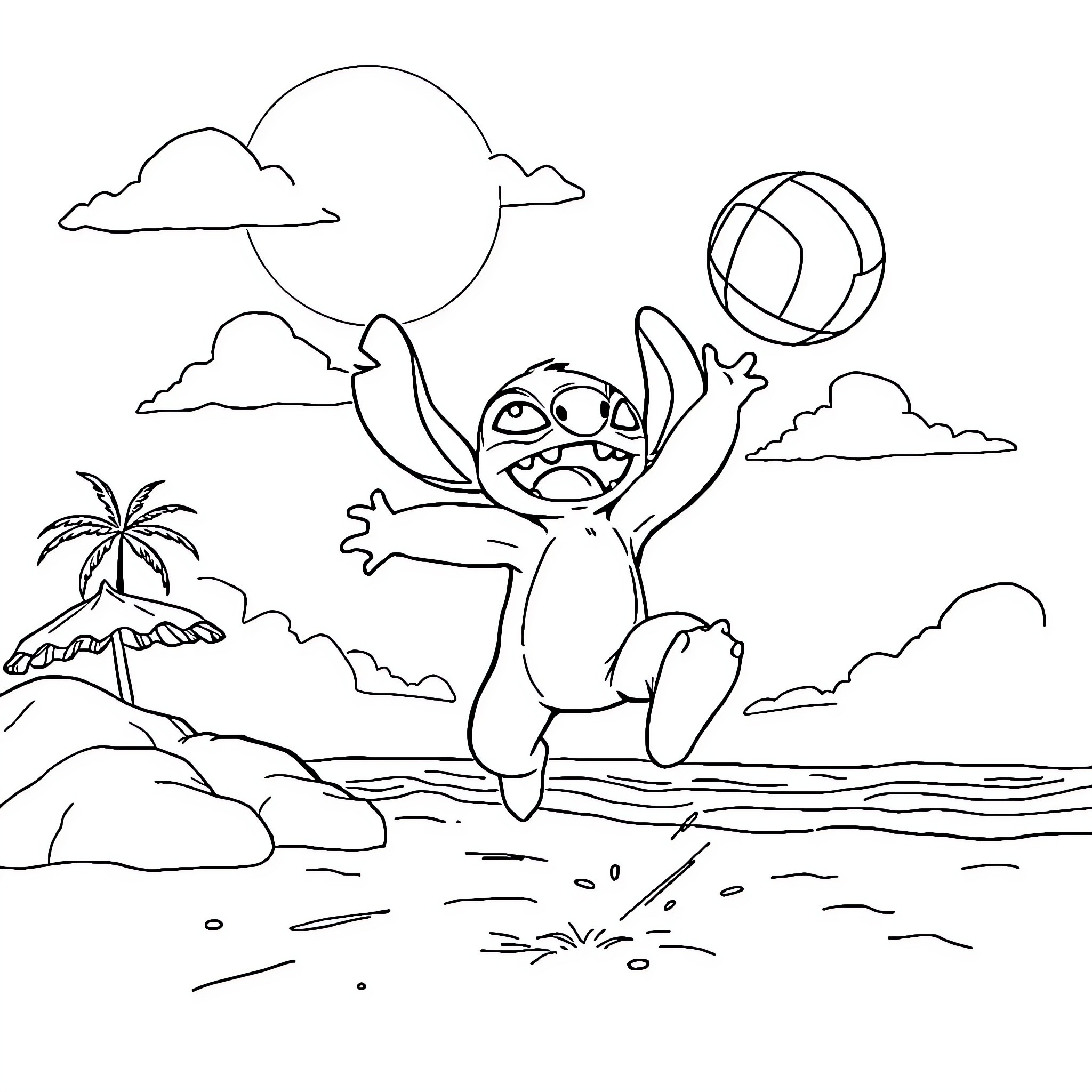 Stitch playing joyfully on the beach Coloring Page (free black-and-white line drawing printable PDF for all, from beginners to advanced learners, including children, teens, adults, and seniors)
