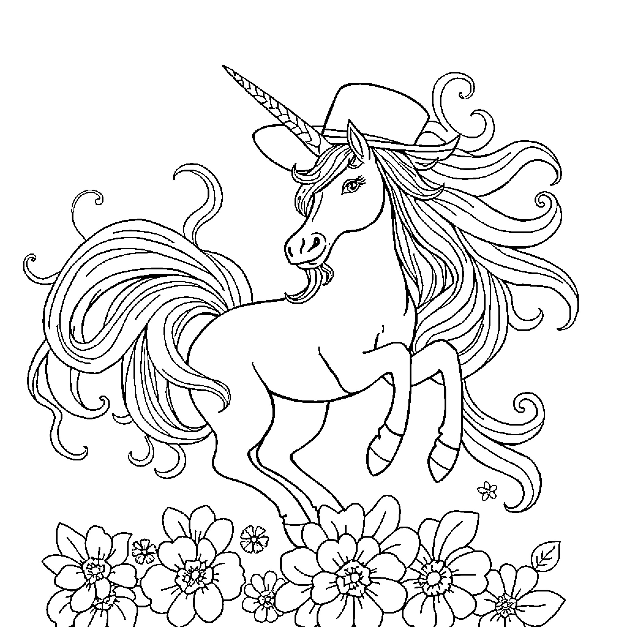 Witch's Enchanting Unicorn Amidst Flowers Coloring Page (free black-and-white line drawing printable PDF for all, from beginners to advanced learners, including children, teens, adults, and seniors)