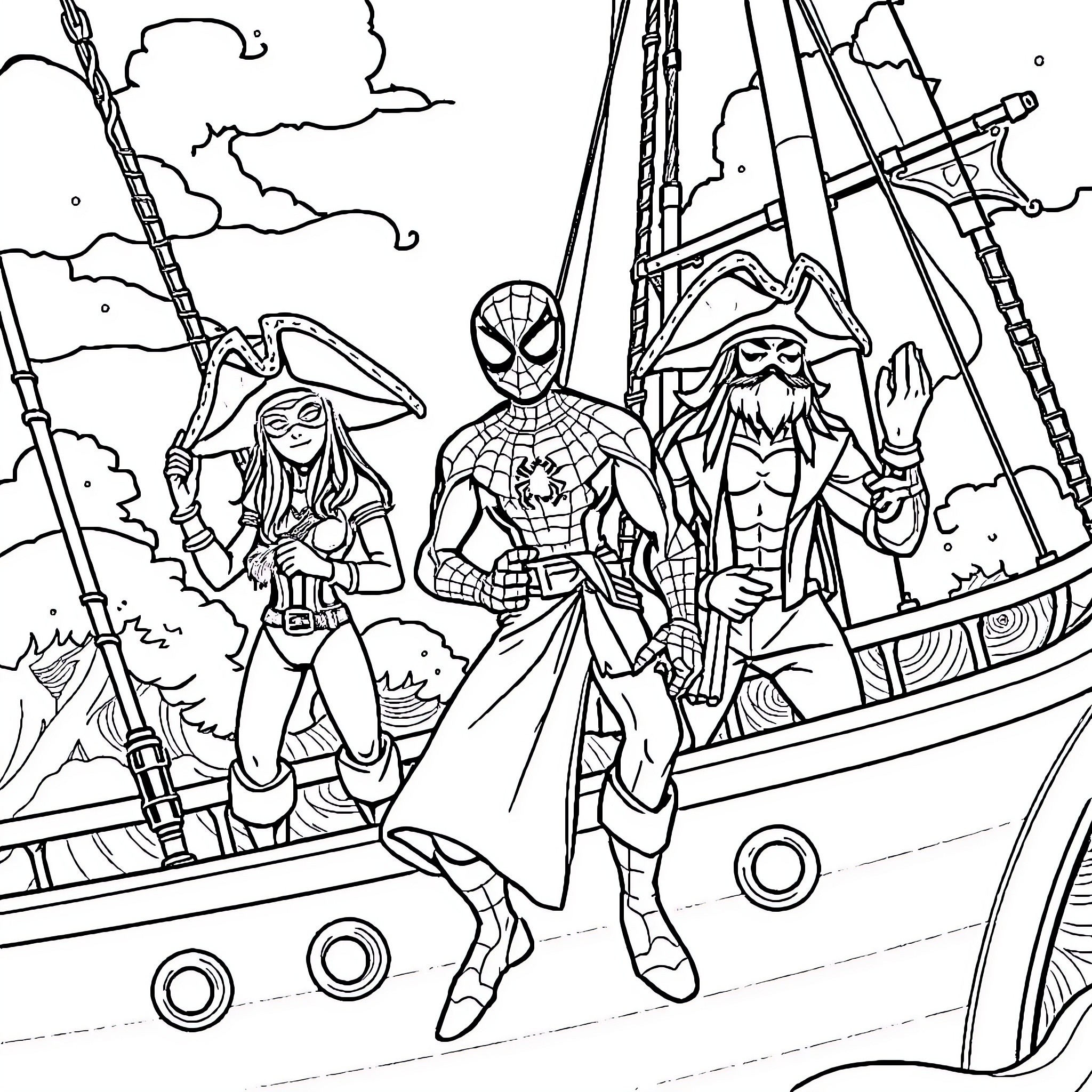 Spidey and his friends on a pirate ship adventure Coloring Page (free black-and-white line drawing printable PDF for all, from beginners to advanced learners, including children, teens, adults, and seniors)
