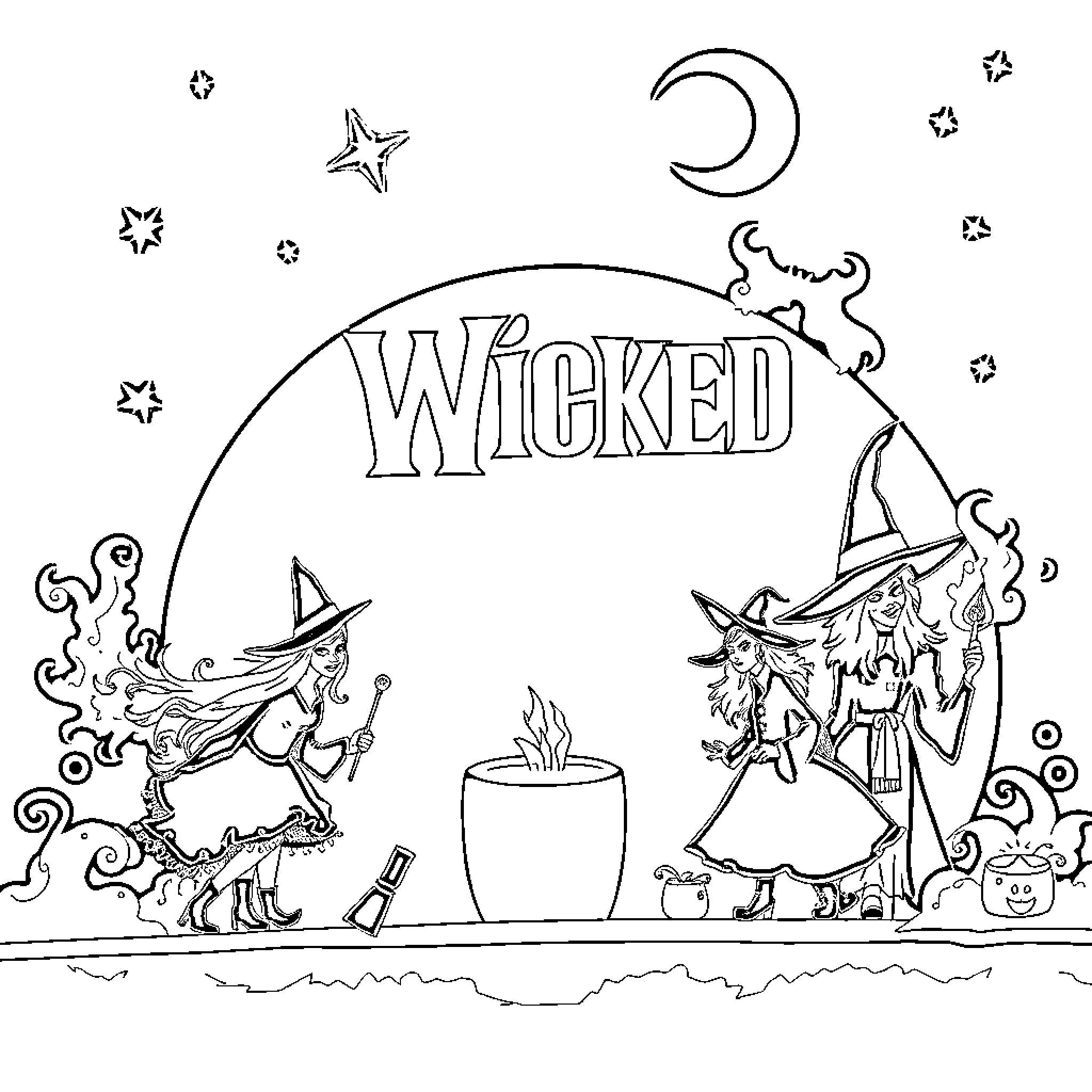 Wicked Witches and Wonders in the Night Coloring Page (free black-and-white line drawing printable PDF for all, from beginners to advanced learners, including children, teens, adults, and seniors)