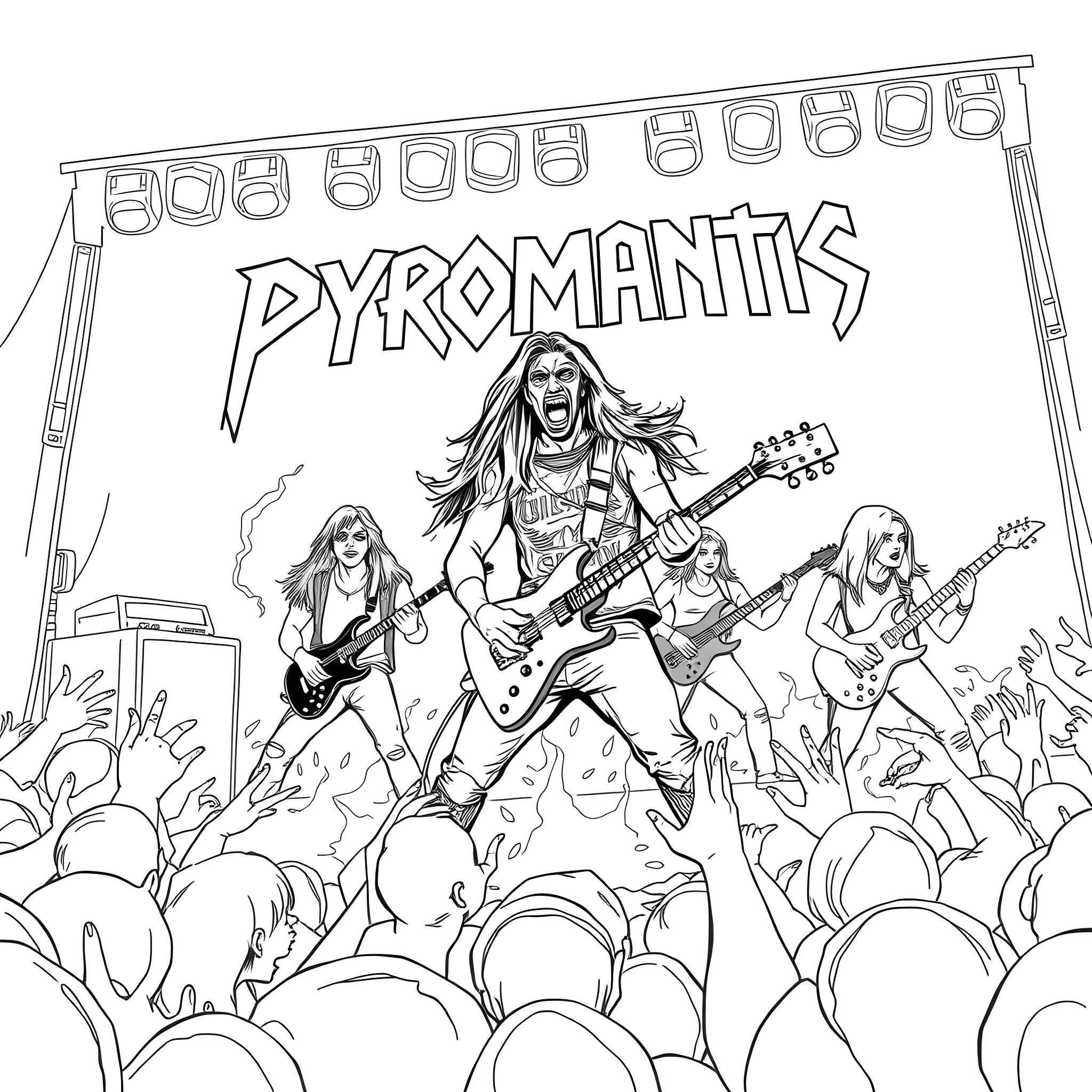 Band performing energetically on stage Coloring Page (free black-and-white line drawing printable PDF for all, from beginners to advanced learners, including children, teens, adults, and seniors)
