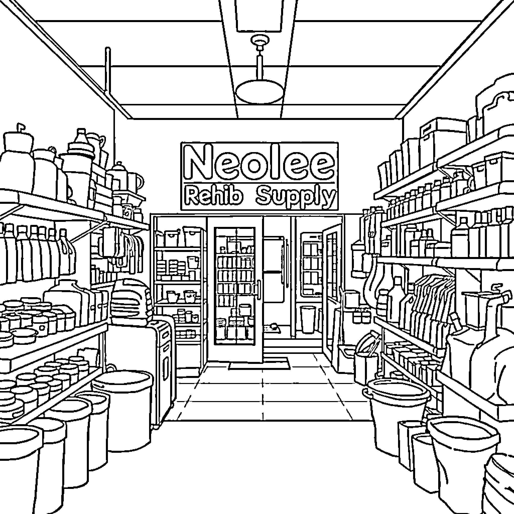 Neolee Rental Supply Store Interior Coloring Page (free black-and-white line drawing printable PDF for all, from beginners to advanced learners, including children, teens, adults, and seniors)