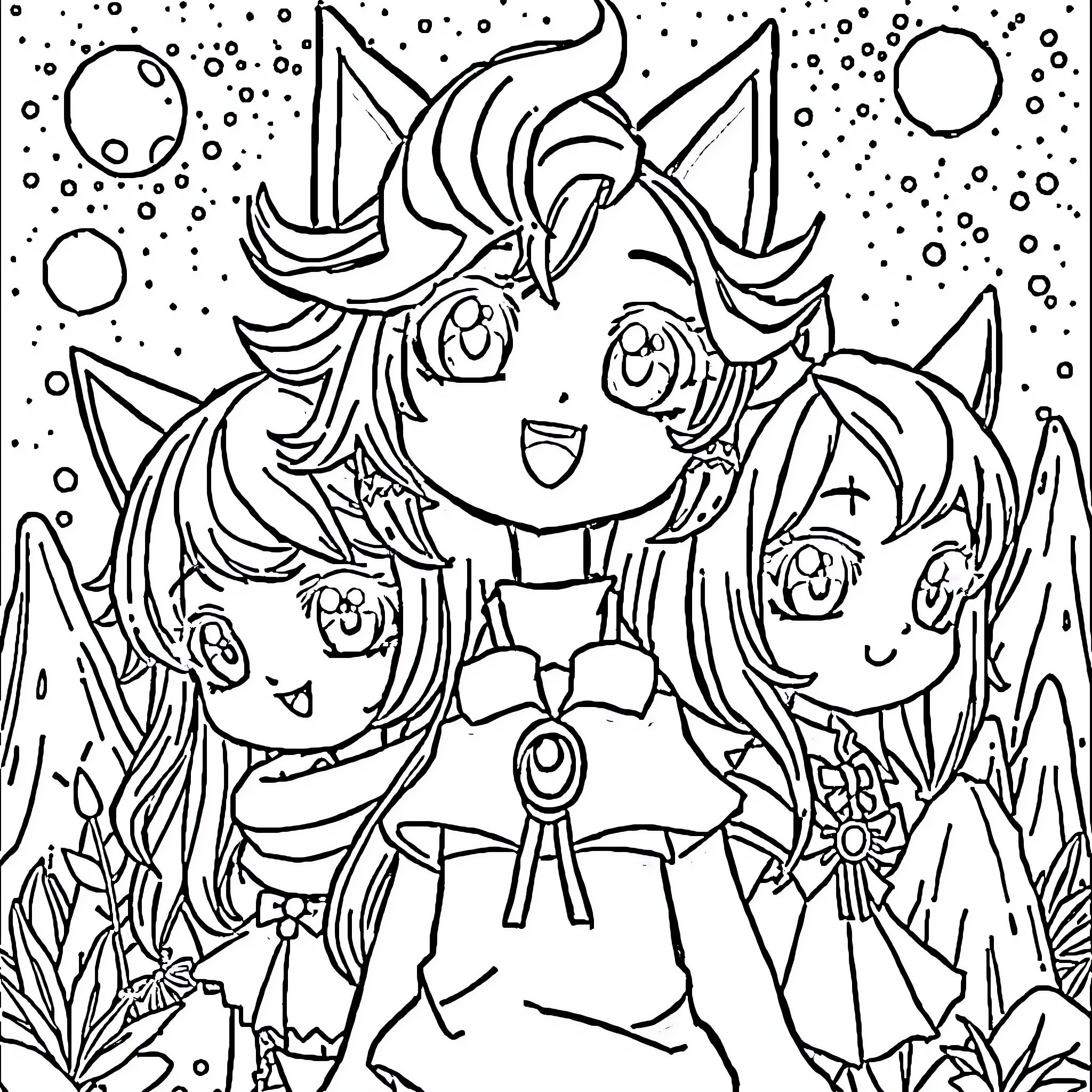 Anime characters in a fantastical scene Coloring Page (free black-and-white line drawing printable PDF for all, from beginners to advanced learners, including children, teens, adults, and seniors)
