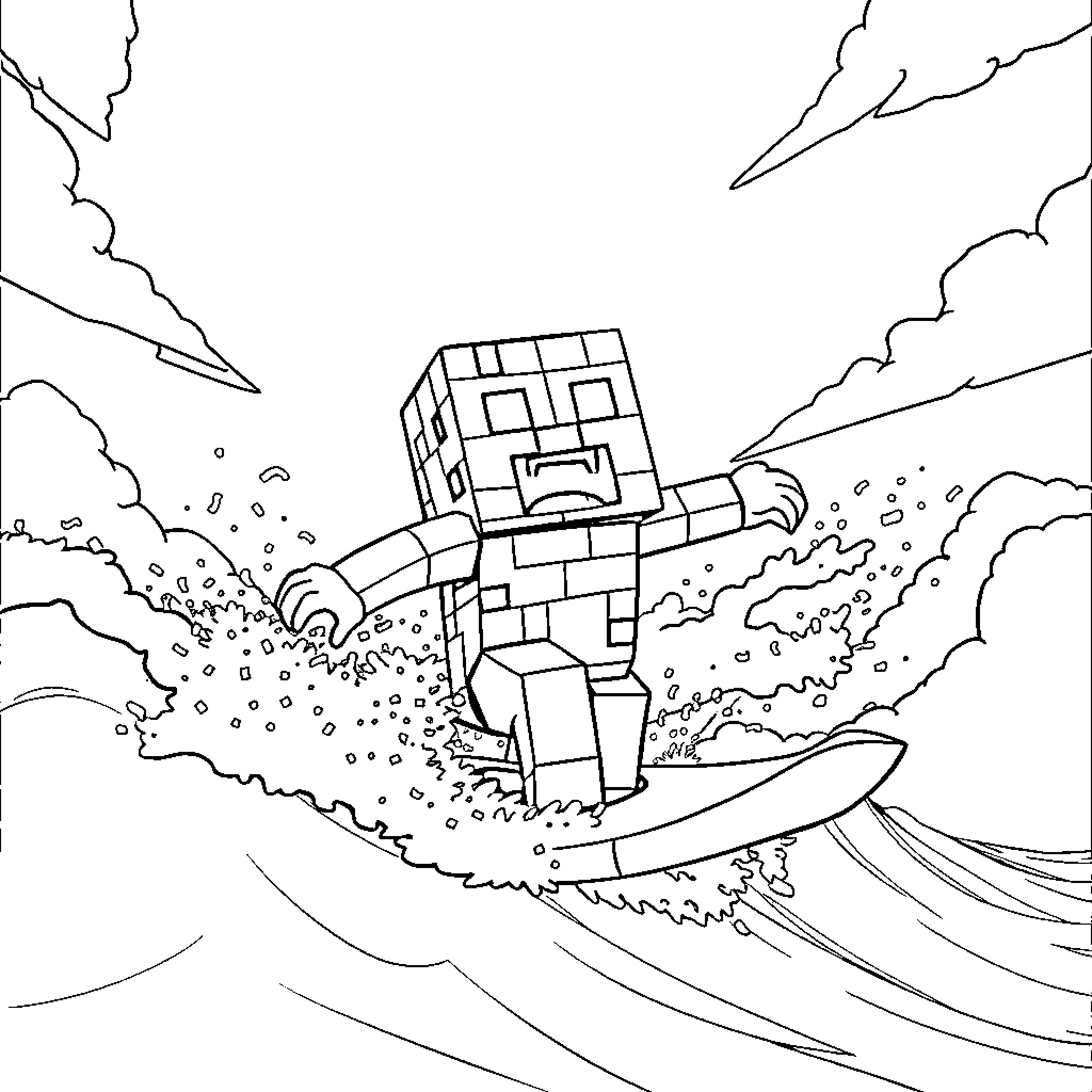 Creeper riding the waves amidst the storm Coloring Page (free black-and-white line drawing printable PDF for all, from beginners to advanced learners, including children, teens, adults, and seniors)