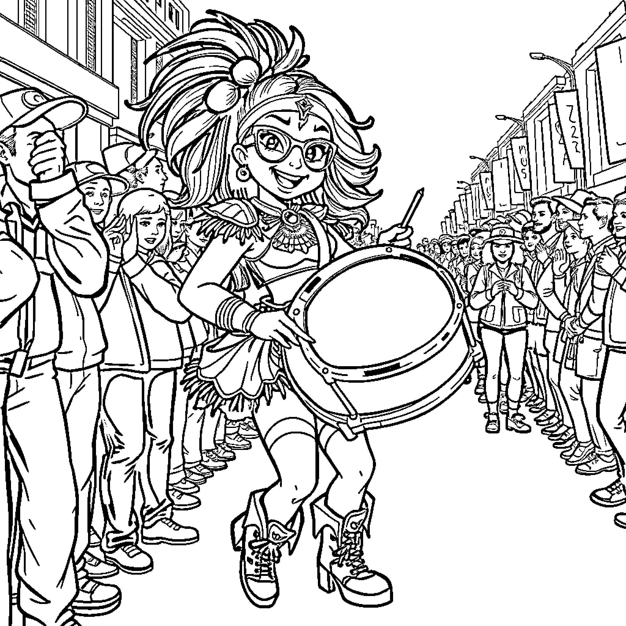 Super Girl Leads the Parade with Confidence Coloring Page (free black-and-white line drawing printable PDF for all, from beginners to advanced learners, including children, teens, adults, and seniors)