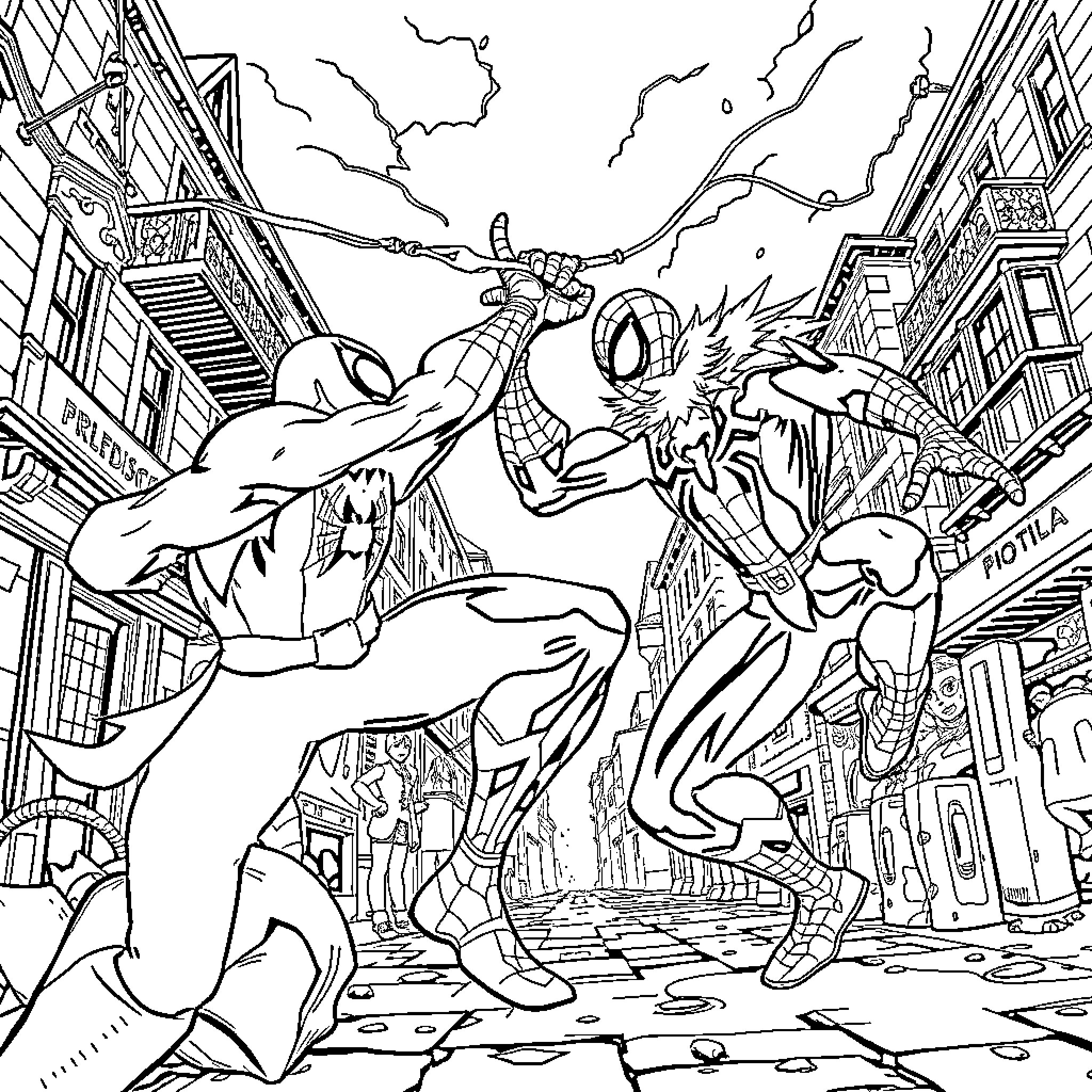 Spiderman heroic battle against a villain in the city Coloring Page (free black-and-white line drawing printable PDF for all, from beginners to advanced learners, including children, teens, adults, and seniors)