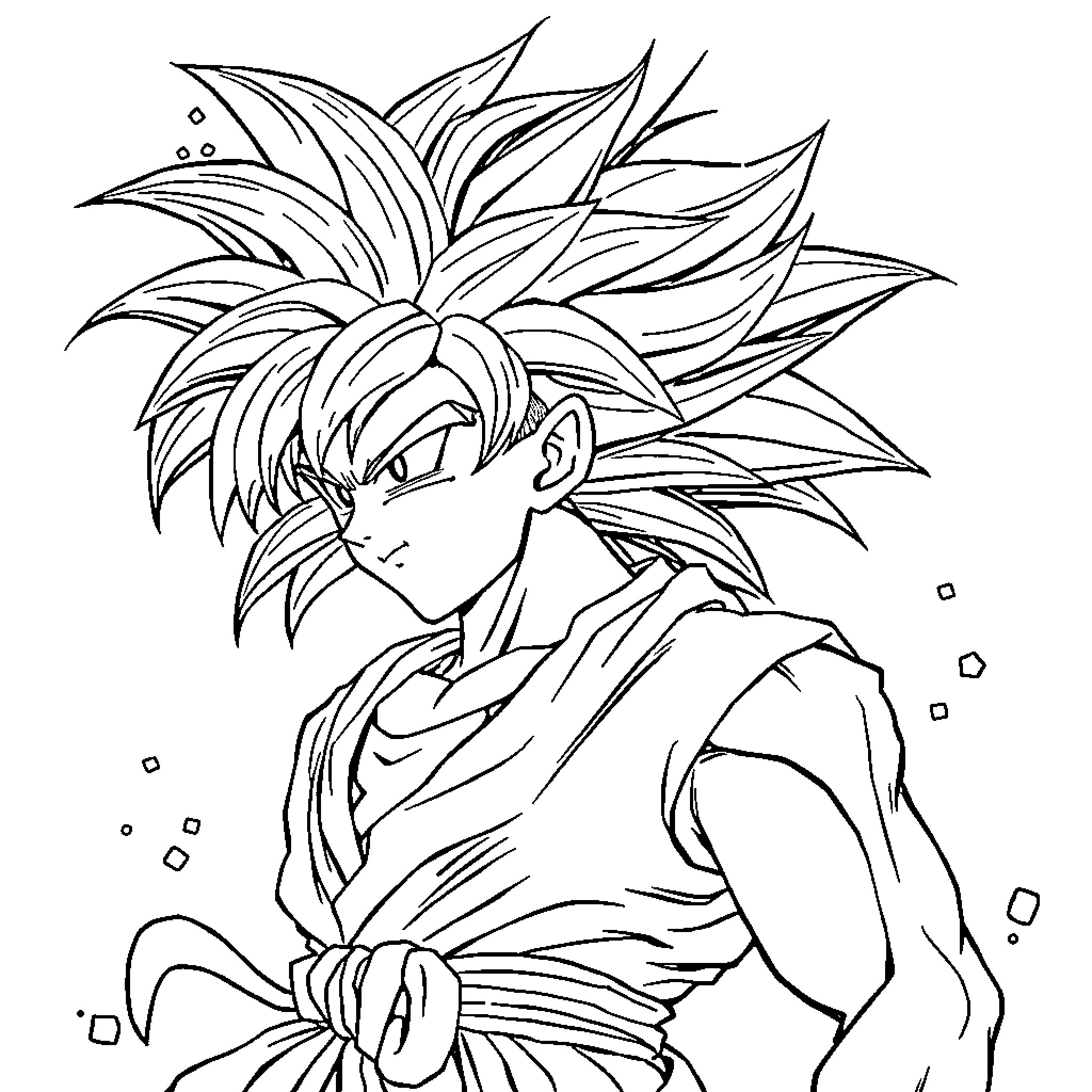 Goku as a fierce warrior with dramatic hairstyle Coloring Page (free black-and-white line drawing printable PDF for all, from beginners to advanced learners, including children, teens, adults, and seniors)