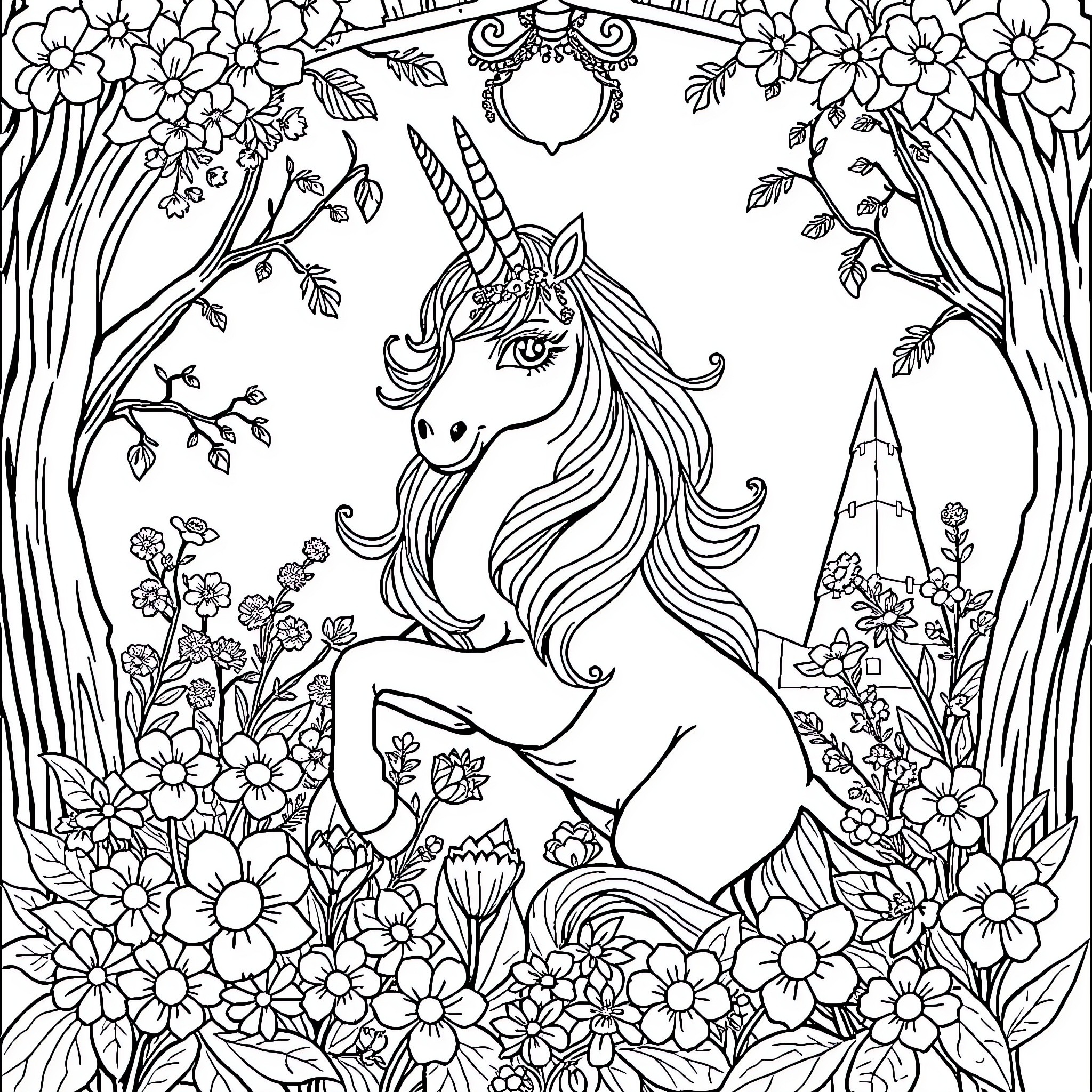 Unicorn resting amidst a whimsical floral garden Coloring Page (free black-and-white line drawing printable PDF for all, from beginners to advanced learners, including children, teens, adults, and seniors)