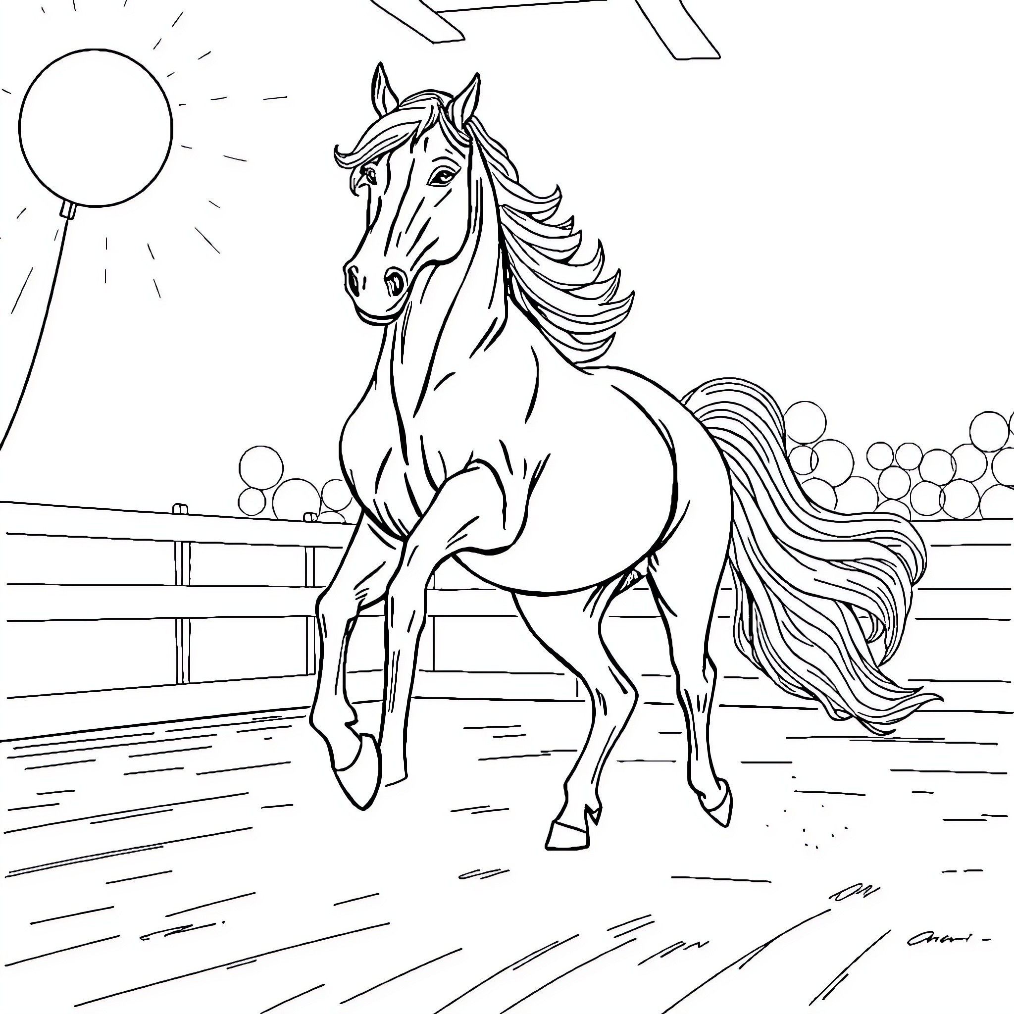 Horse galloping freely in the countryside Coloring Page (free black-and-white line drawing printable PDF for all, from beginners to advanced learners, including children, teens, adults, and seniors)