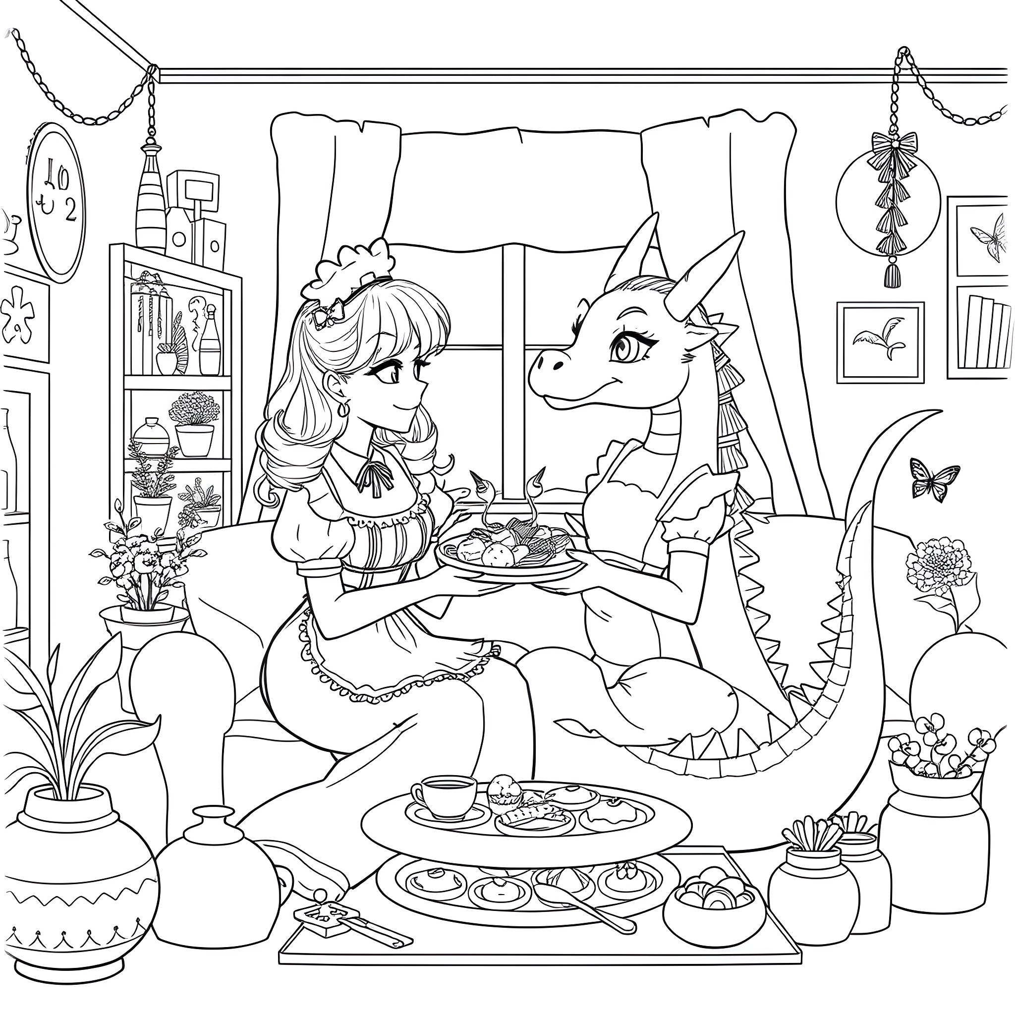 Kobayashi serving tea to a friendly dragon Coloring Page (free black-and-white line drawing printable PDF for all, from beginners to advanced learners, including children, teens, adults, and seniors)