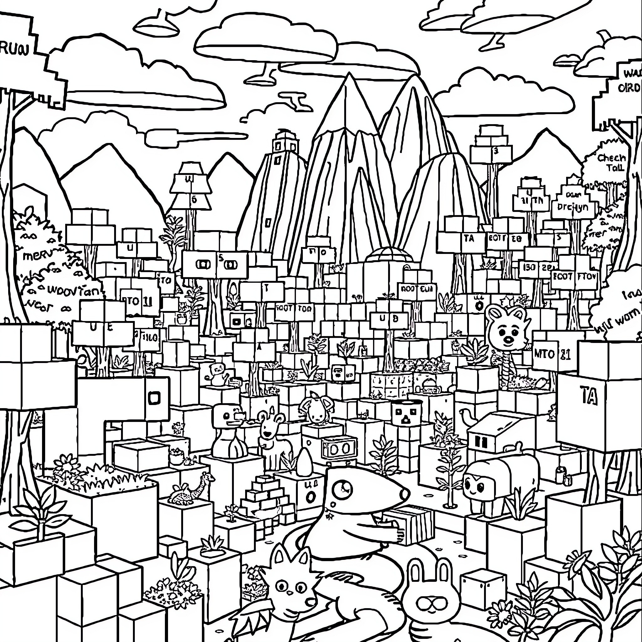 Minecraft Landscape with Buildings, Mountains, and Characters Coloring Page (free black-and-white line drawing printable PDF for all, from beginners to advanced learners, including children, teens, adults, and seniors)