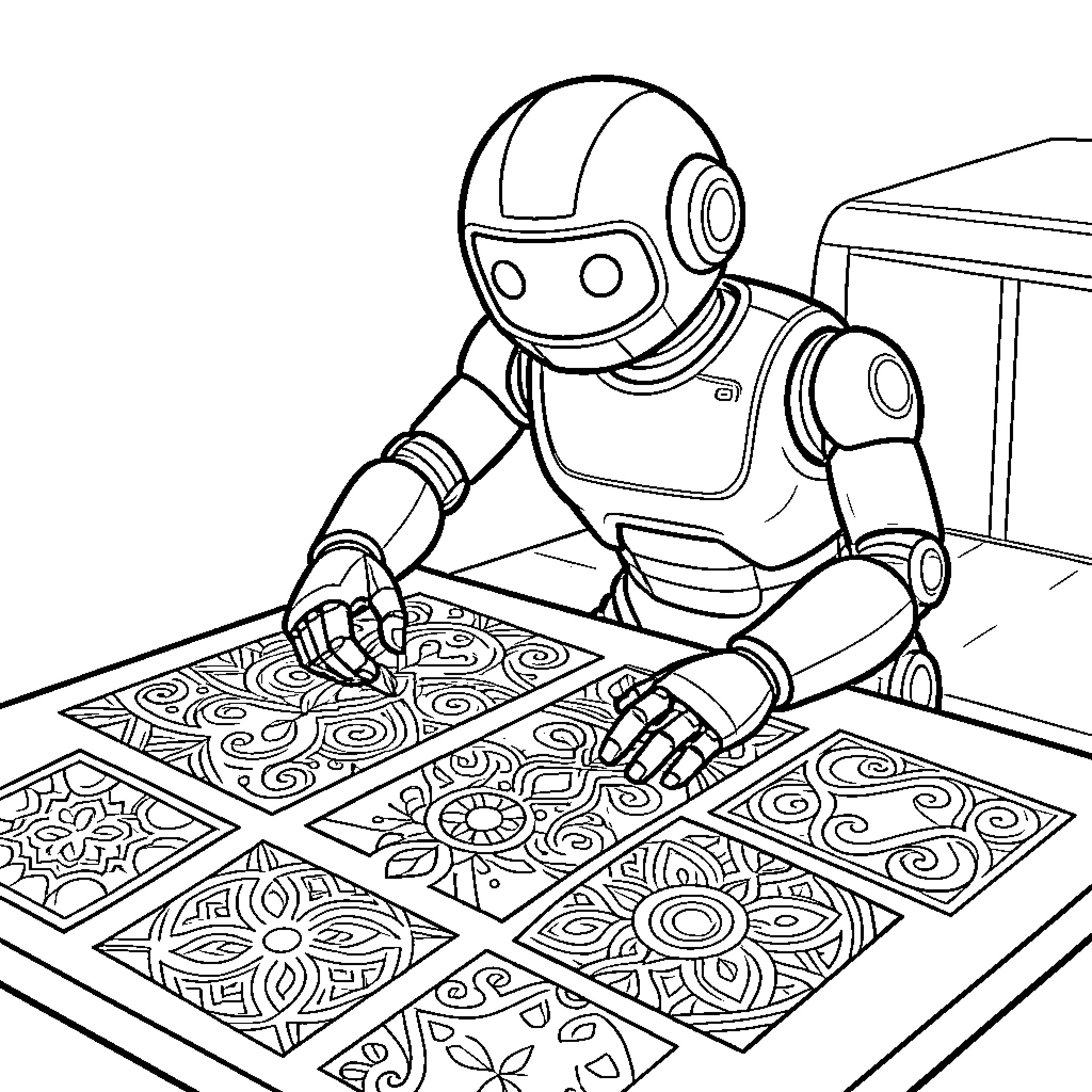 Robot carefully examining patterned tiles on a table Coloring Page (free black-and-white line drawing printable PDF for all, from beginners to advanced learners, including children, teens, adults, and seniors)