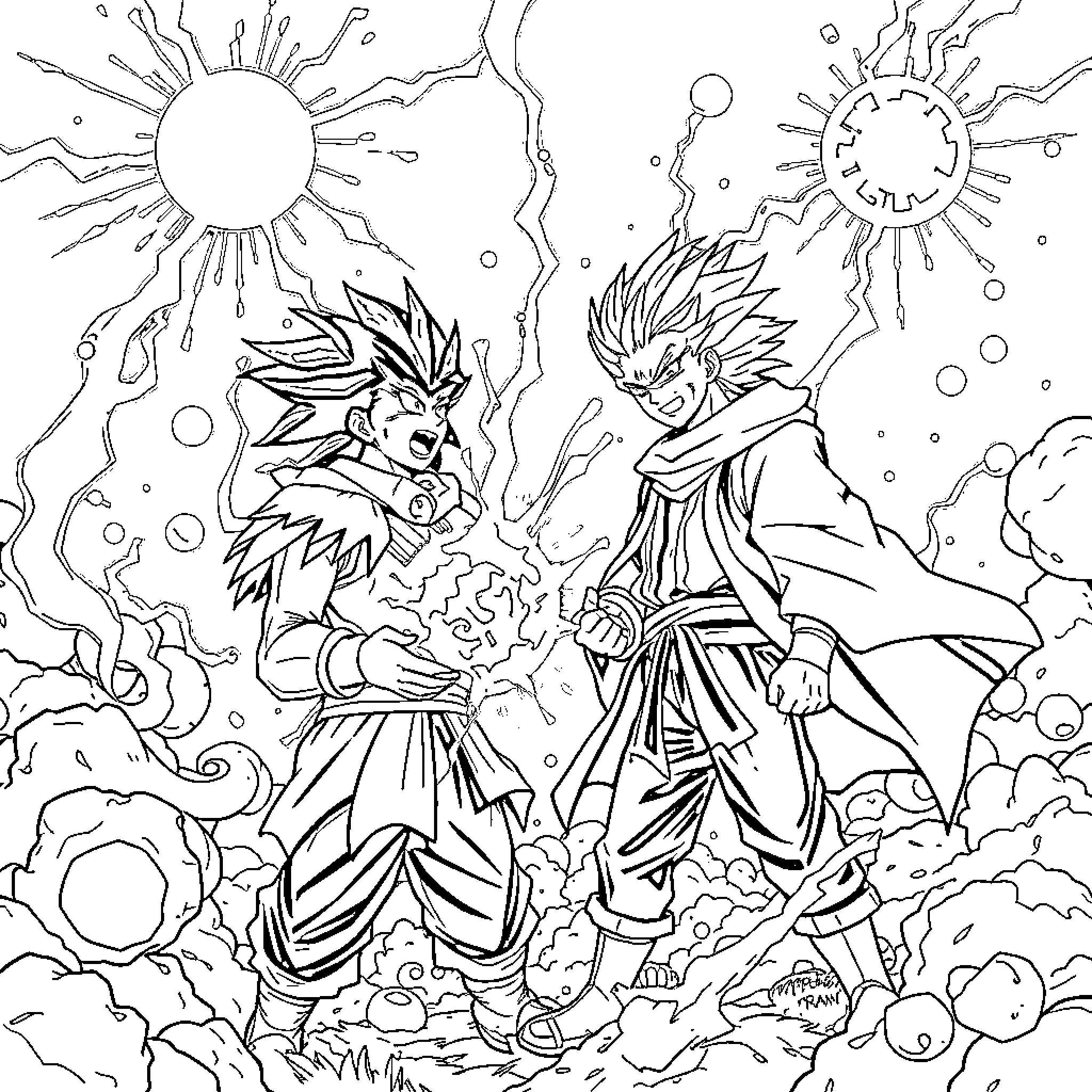 Bakugo Unleashing Explosive Power in a Dramatic Showdown Coloring Page (free black-and-white line drawing printable PDF for all, from beginners to advanced learners, including children, teens, adults, and seniors)