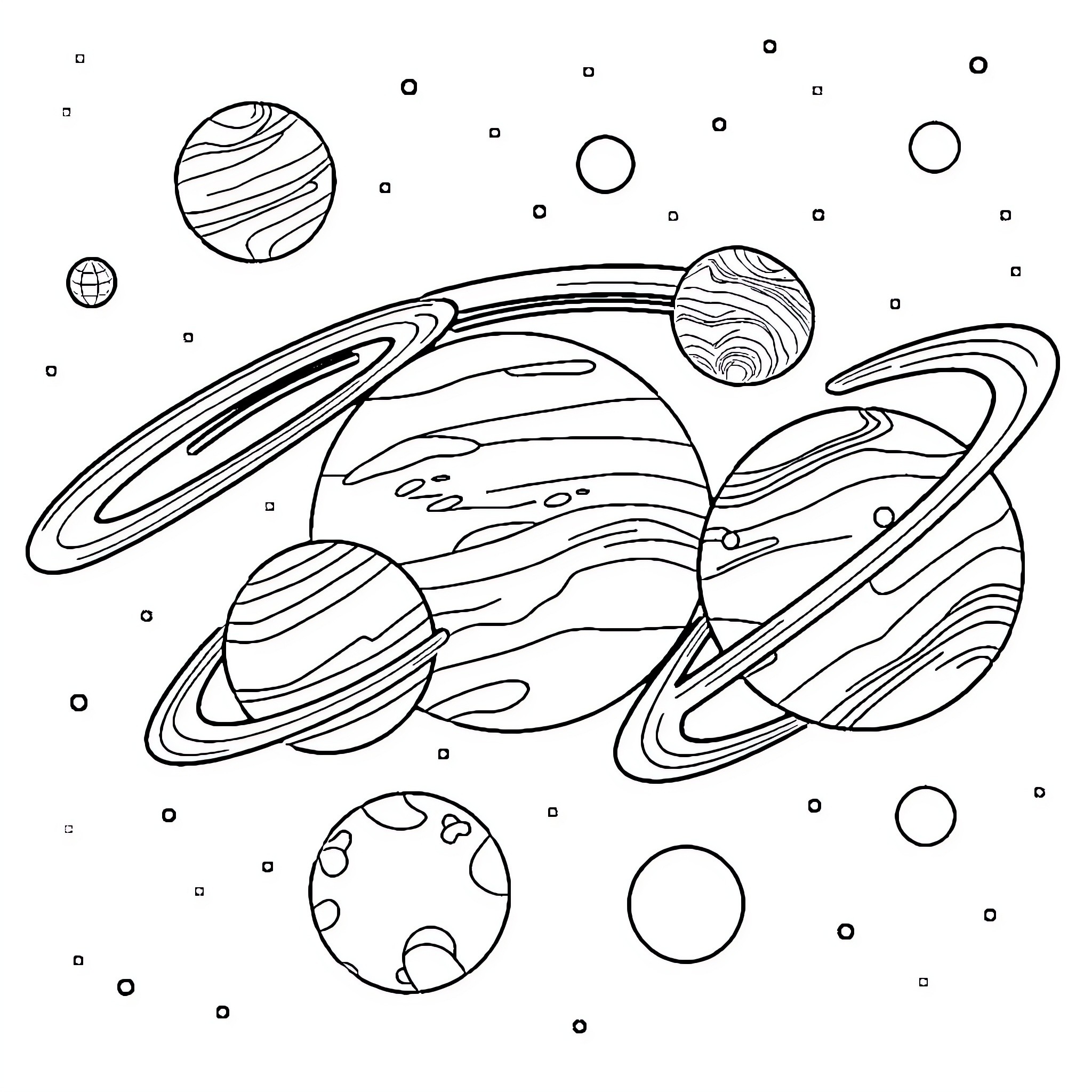 Planet Exploration of Cosmic Wonders Coloring Page (free black-and-white line drawing printable PDF for all, from beginners to advanced learners, including children, teens, adults, and seniors)