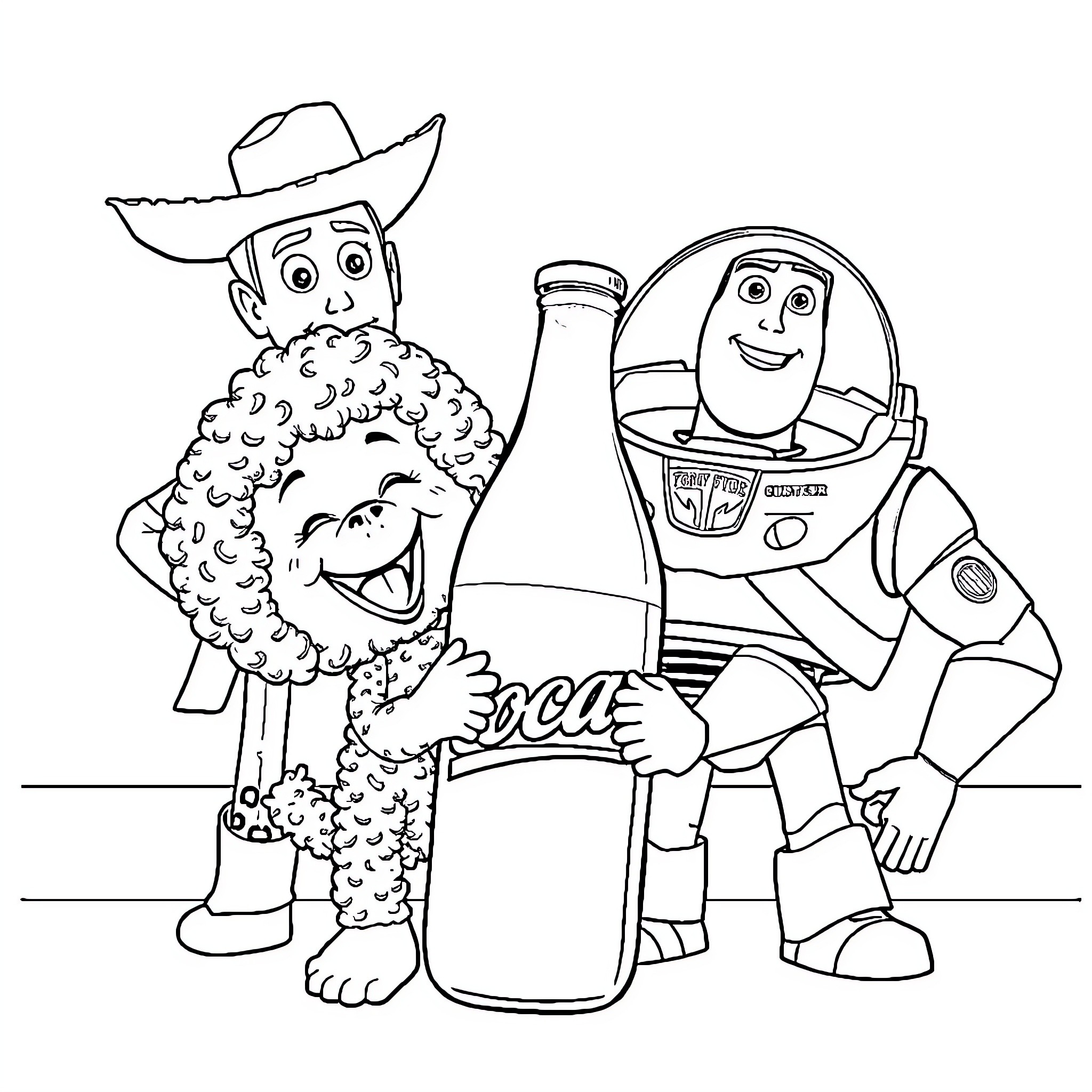 Curly Characters in Playful Cowboy Scene Coloring Page (free black-and-white line drawing printable PDF for all, from beginners to advanced learners, including children, teens, adults, and seniors)