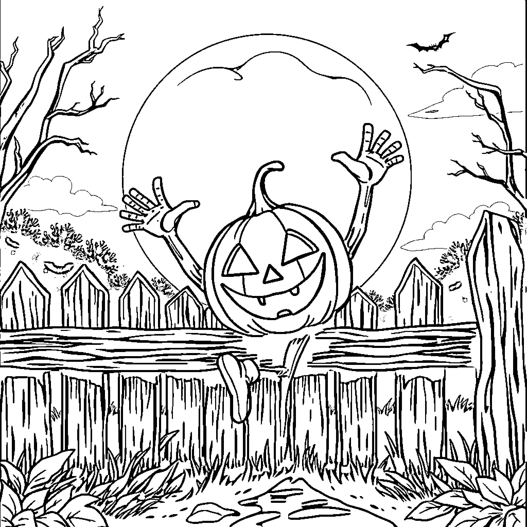 Jack-o'-lantern spooking at full moon in Halloween scene Coloring Page (free black-and-white line drawing printable PDF for all, from beginners to advanced learners, including children, teens, adults, and seniors)