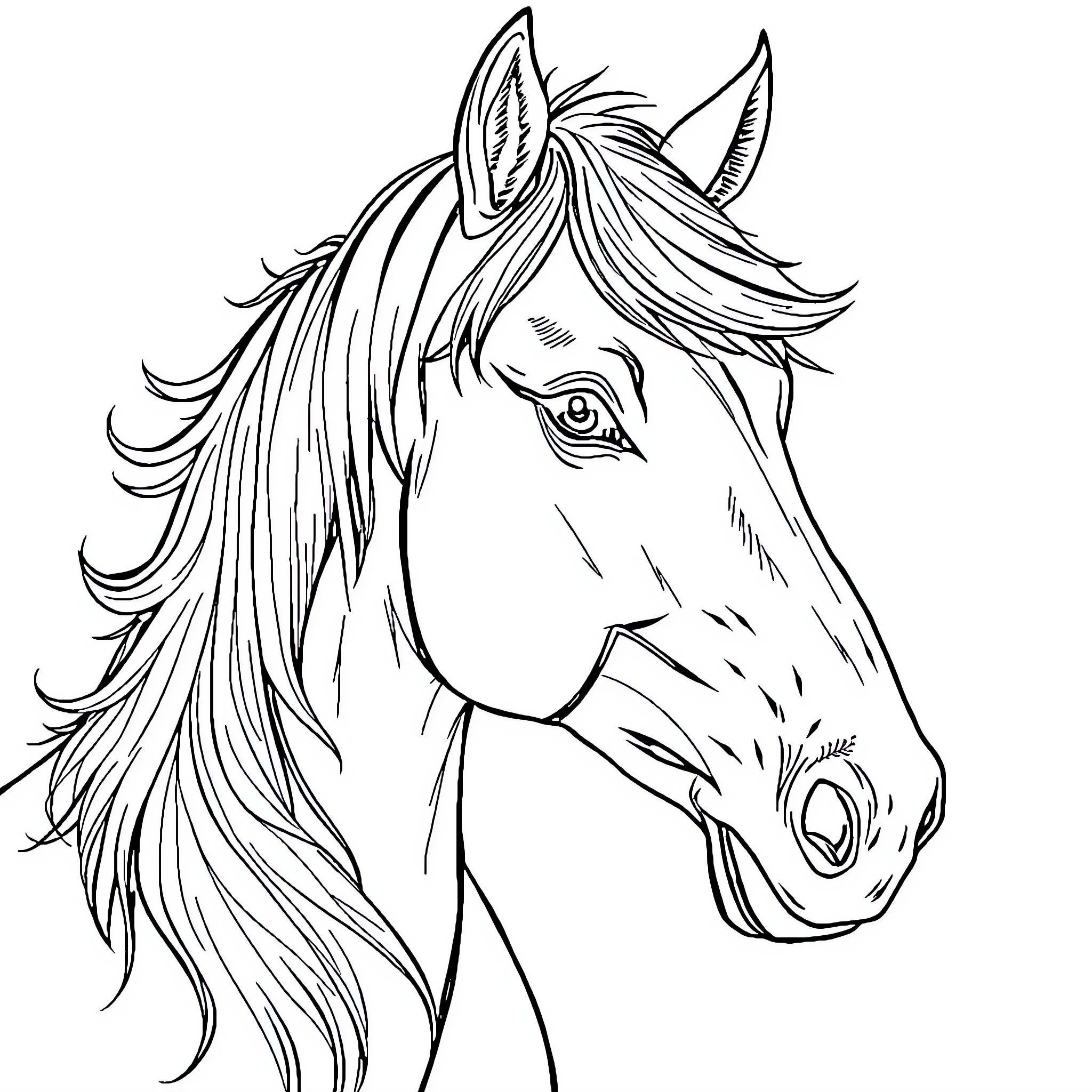 Comtois Horse with Flowing Mane and Expressive Face Coloring Page (free black-and-white line drawing printable PDF for all, from beginners to advanced learners, including children, teens, adults, and seniors)