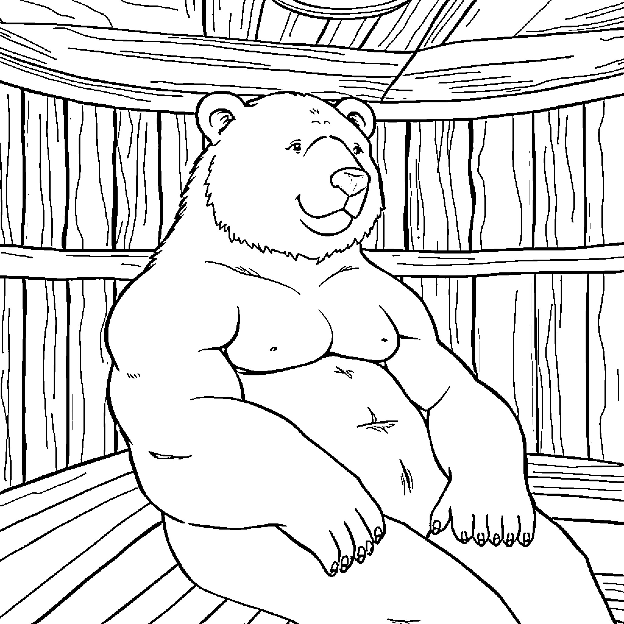 Polar Bear enjoying relaxation in cozy cabin Coloring Page (free black-and-white line drawing printable PDF for all, from beginners to advanced learners, including children, teens, adults, and seniors)