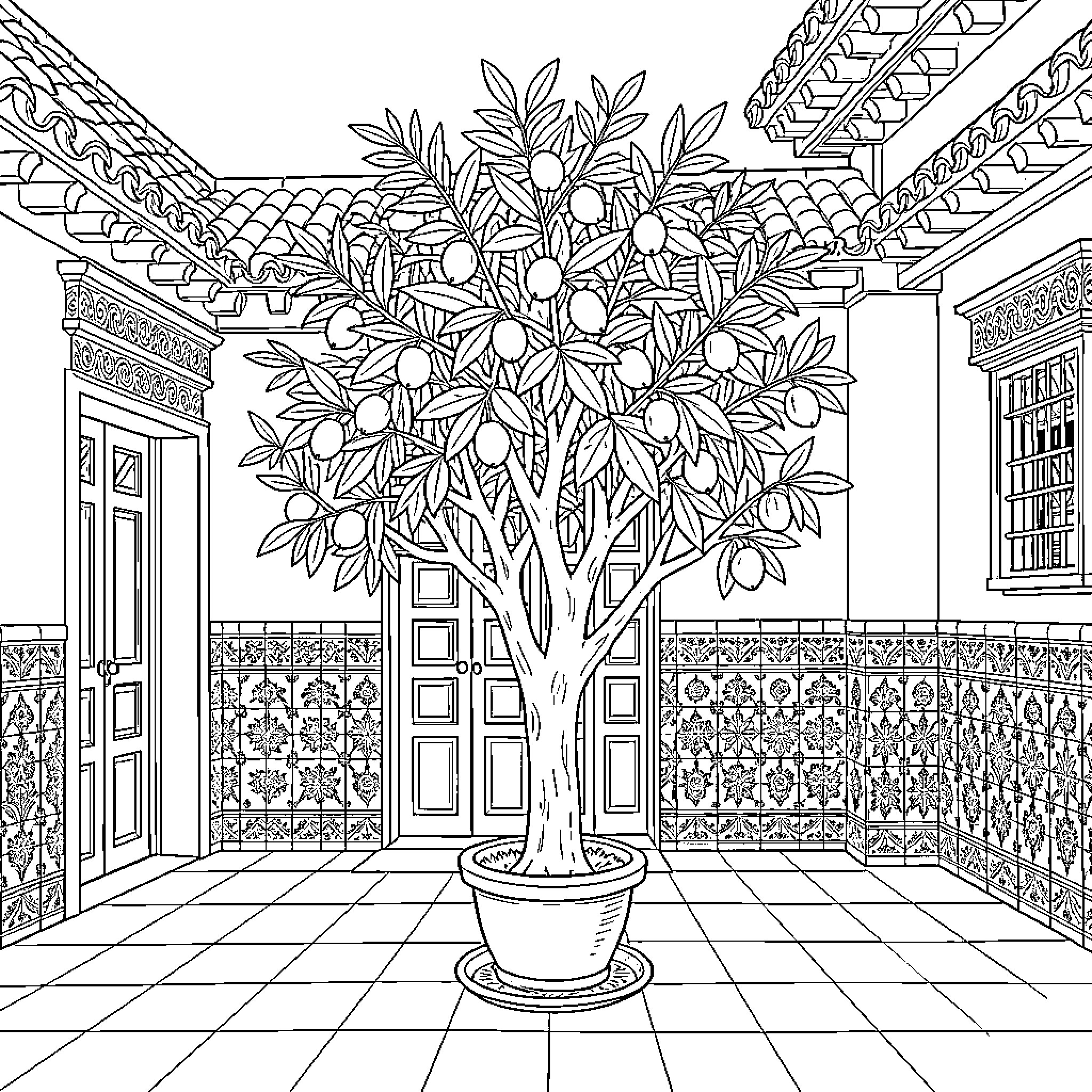 Orange Tree in Ornate Courtyard Coloring Page (free black-and-white line drawing printable PDF for all, from beginners to advanced learners, including children, teens, adults, and seniors)